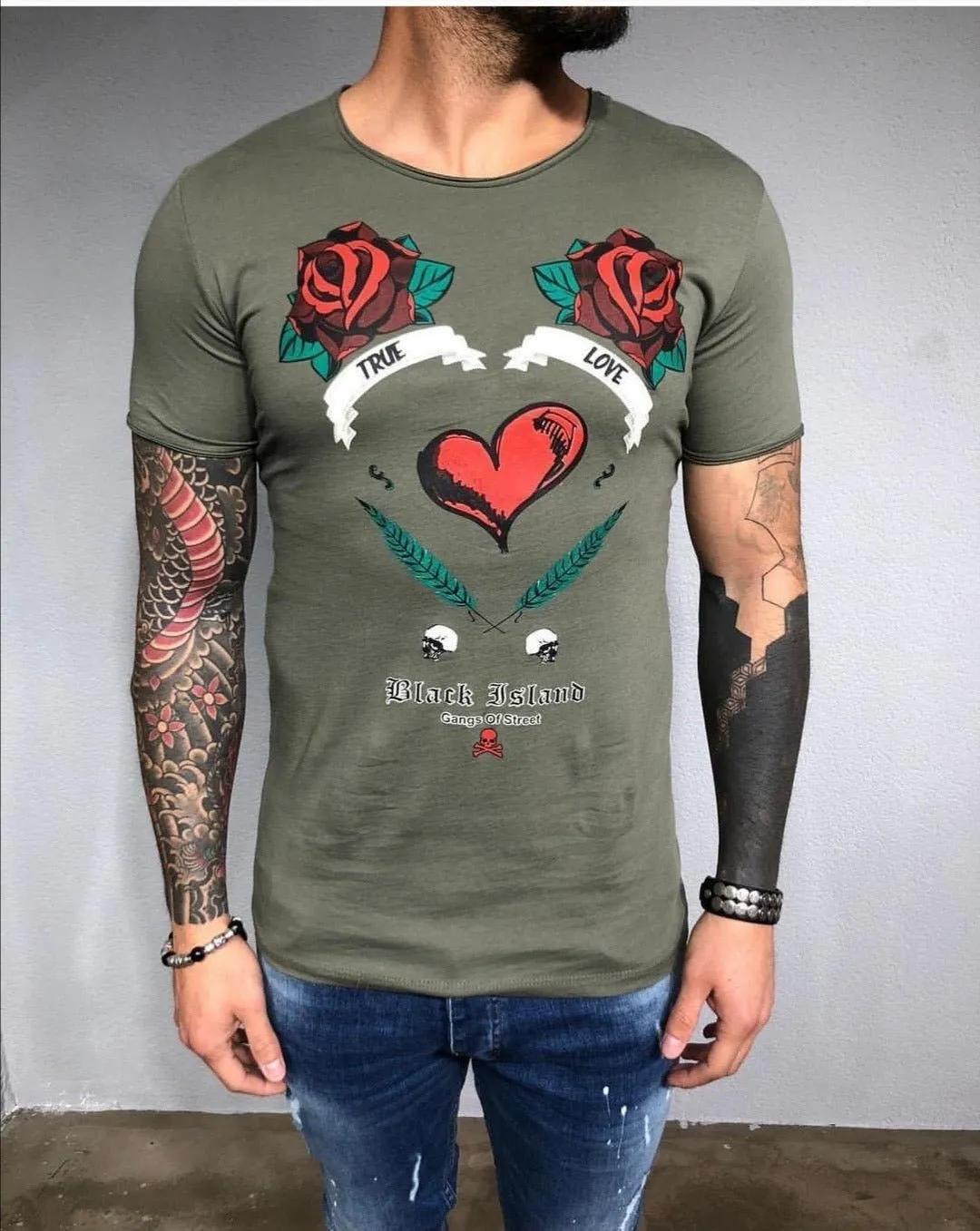 Khaki Printed Slim Fit Mens T-Shirt BL438 Streetwear Mens T-Shirts