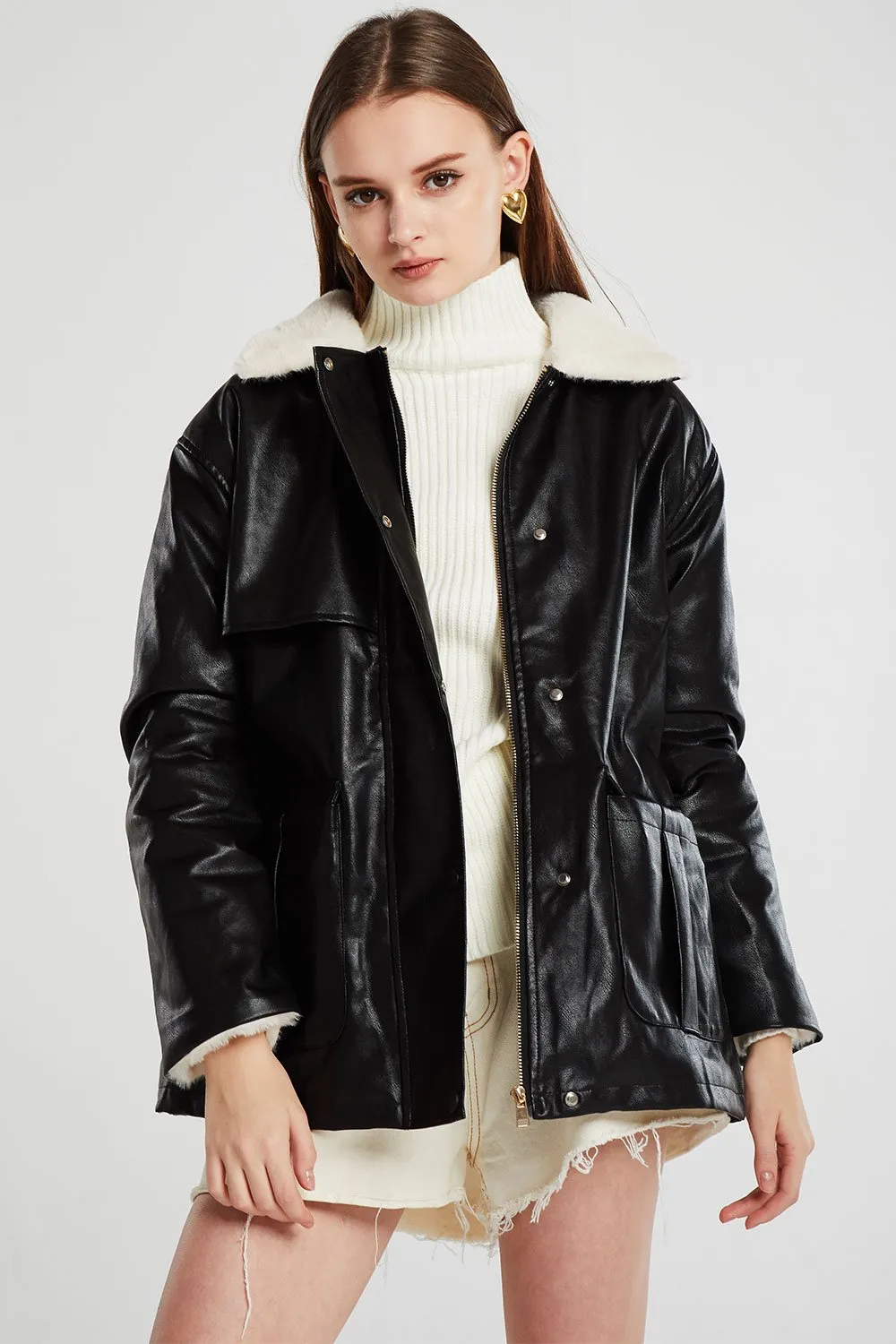 Lea Pleather Jacket w/Fur Collar