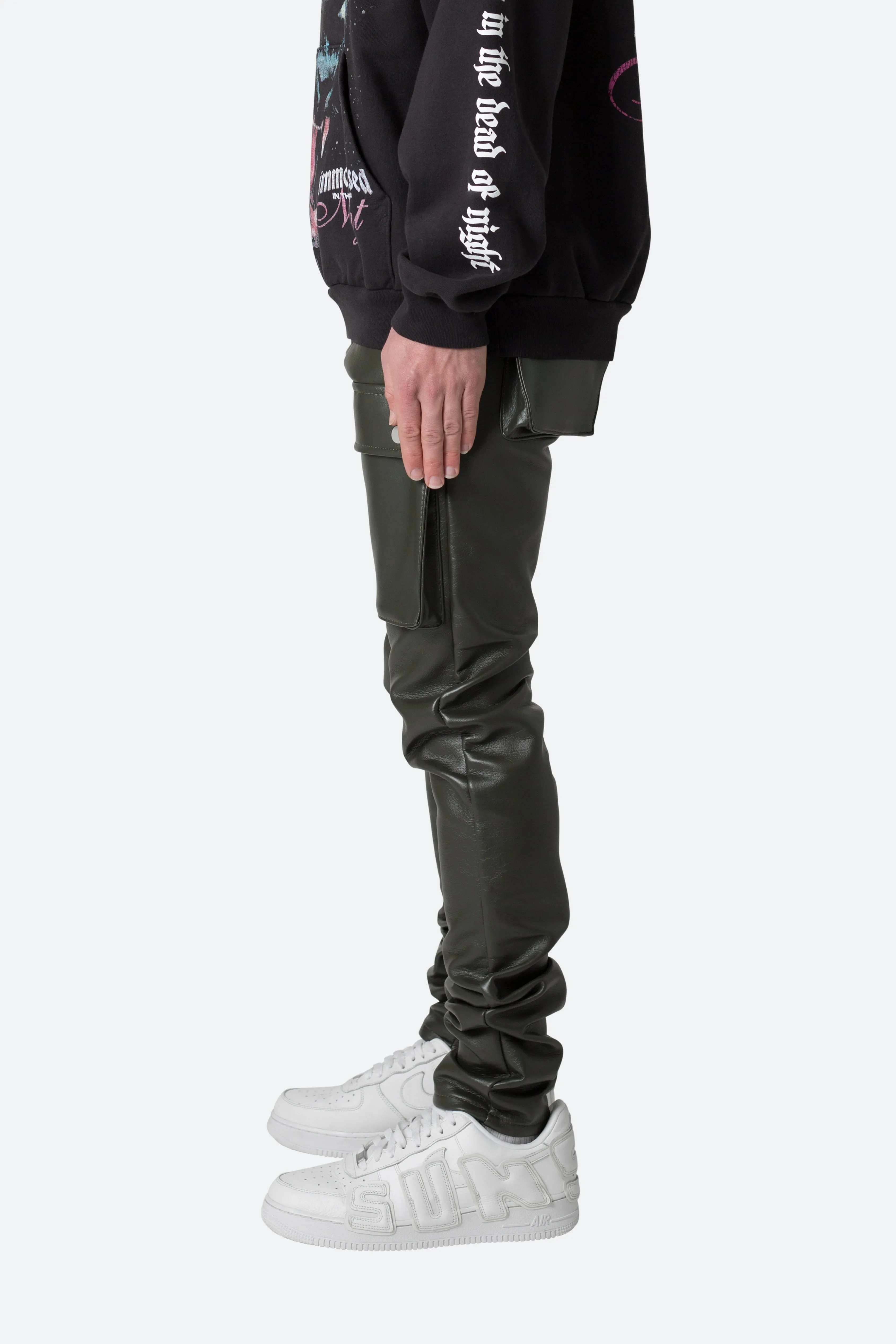 Leather Snap Cargo Pants - Olive