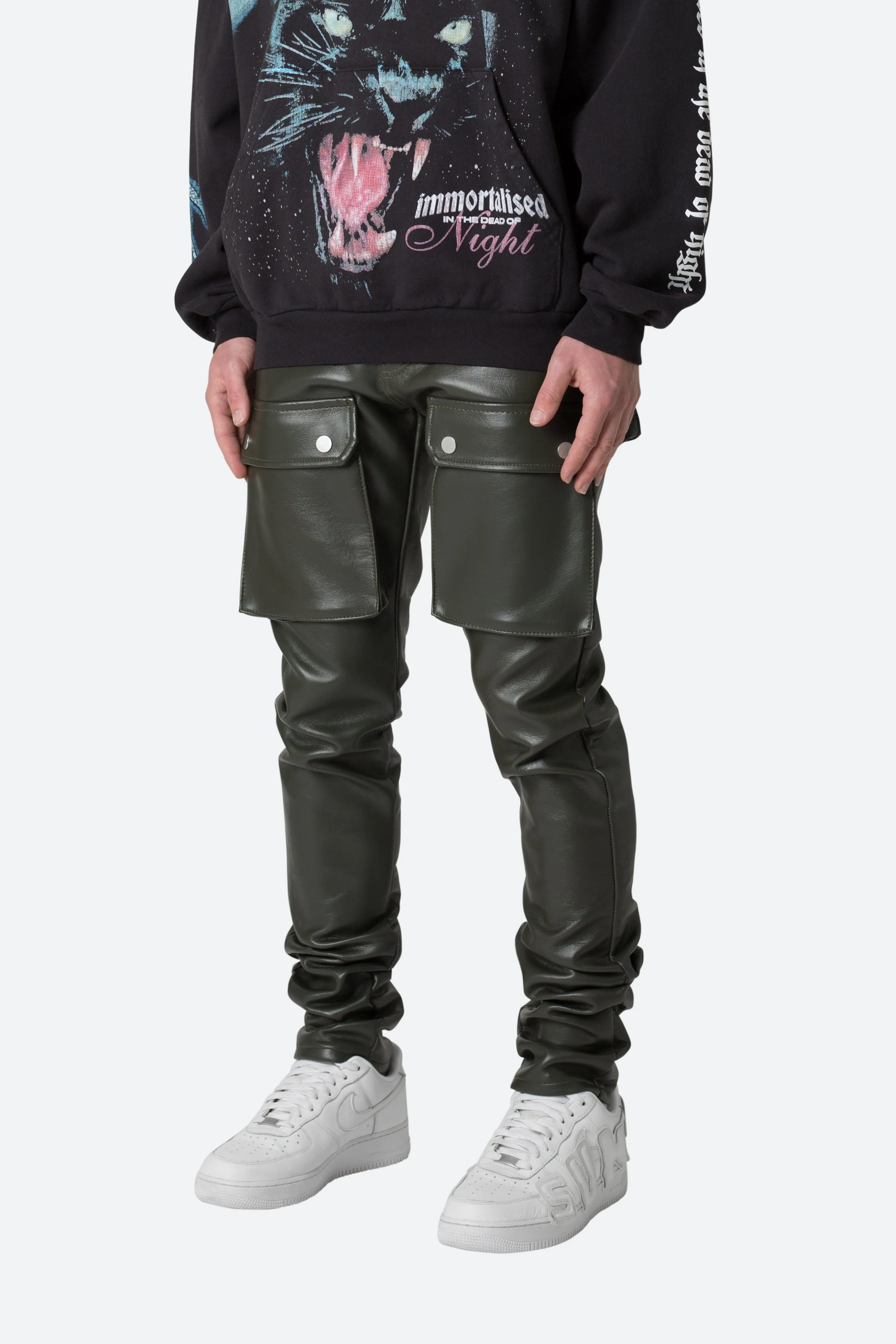 Leather Snap Cargo Pants - Olive