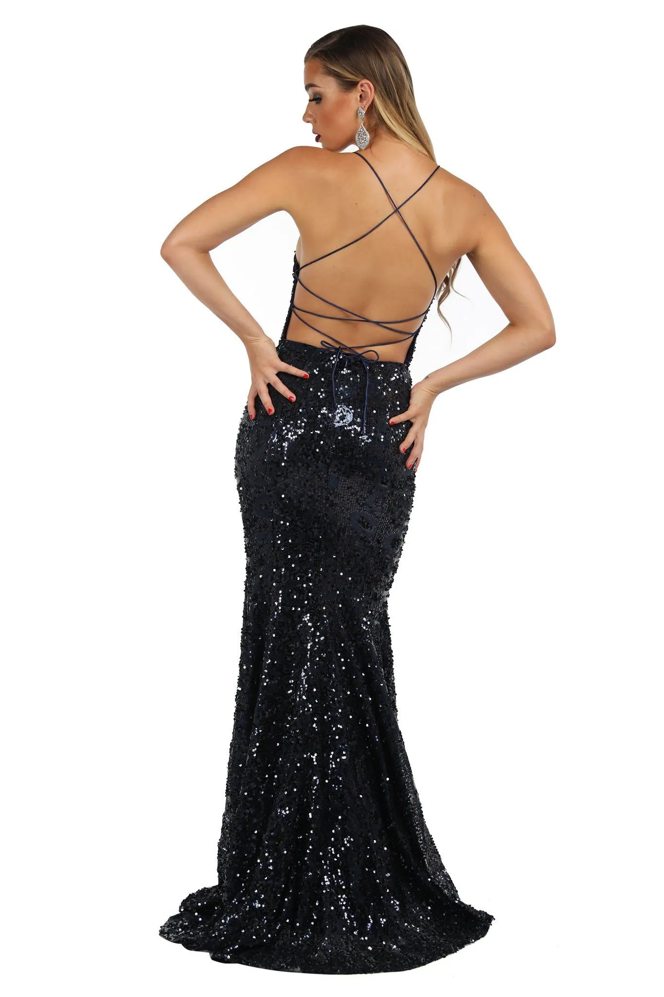 Leona Sequin Beaded Lace Up Gown - Navy