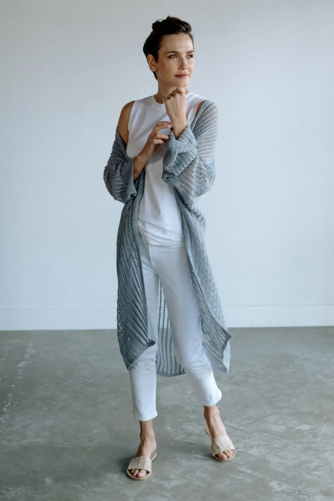 LONG LINE CARDIGAN IN OPEN ITALIAN LINEN KNIT