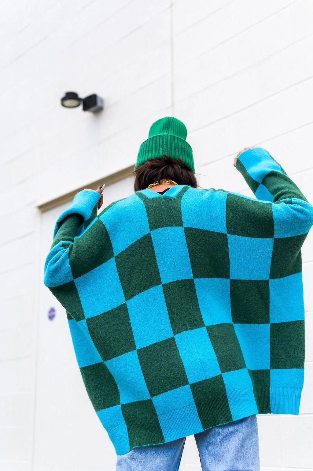 Love You Oversized Checkerboard Cardigan in Emerald   Sky