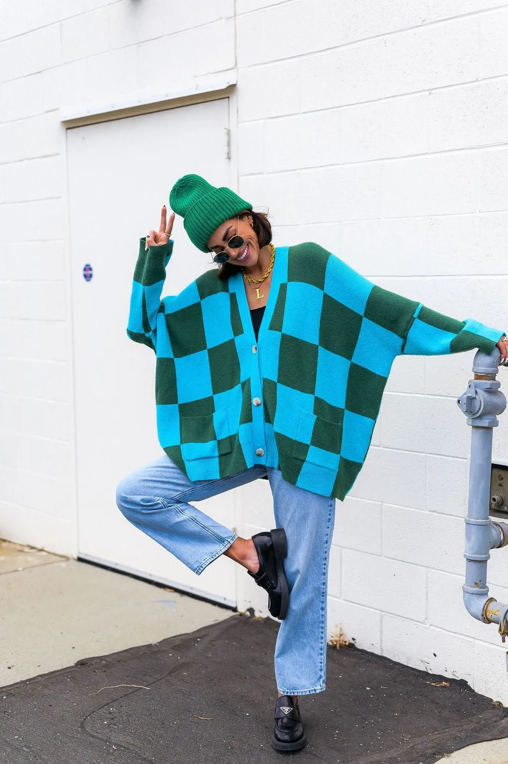 Love You Oversized Checkerboard Cardigan in Emerald   Sky