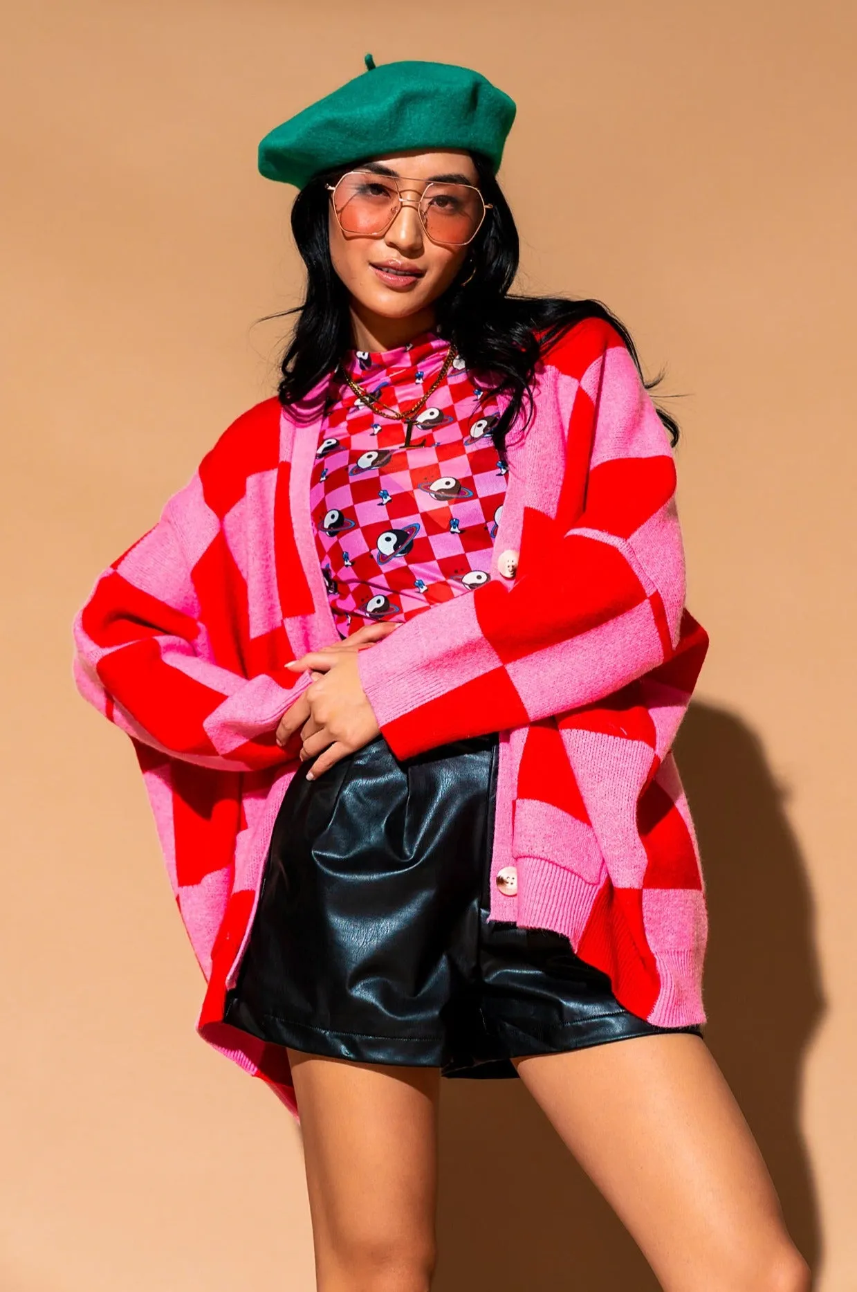 Love You Oversized Checkerboard Cardigan in Red   Pink