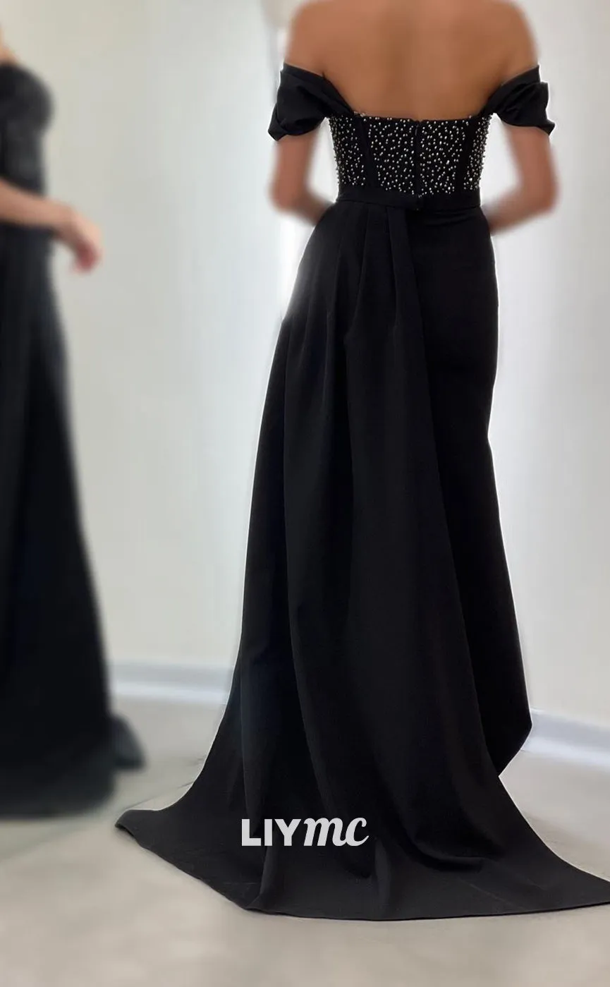 LP1148 - Off Shoulder Beads Satin Pleated Mermaid Formal Evening Dress with Slit