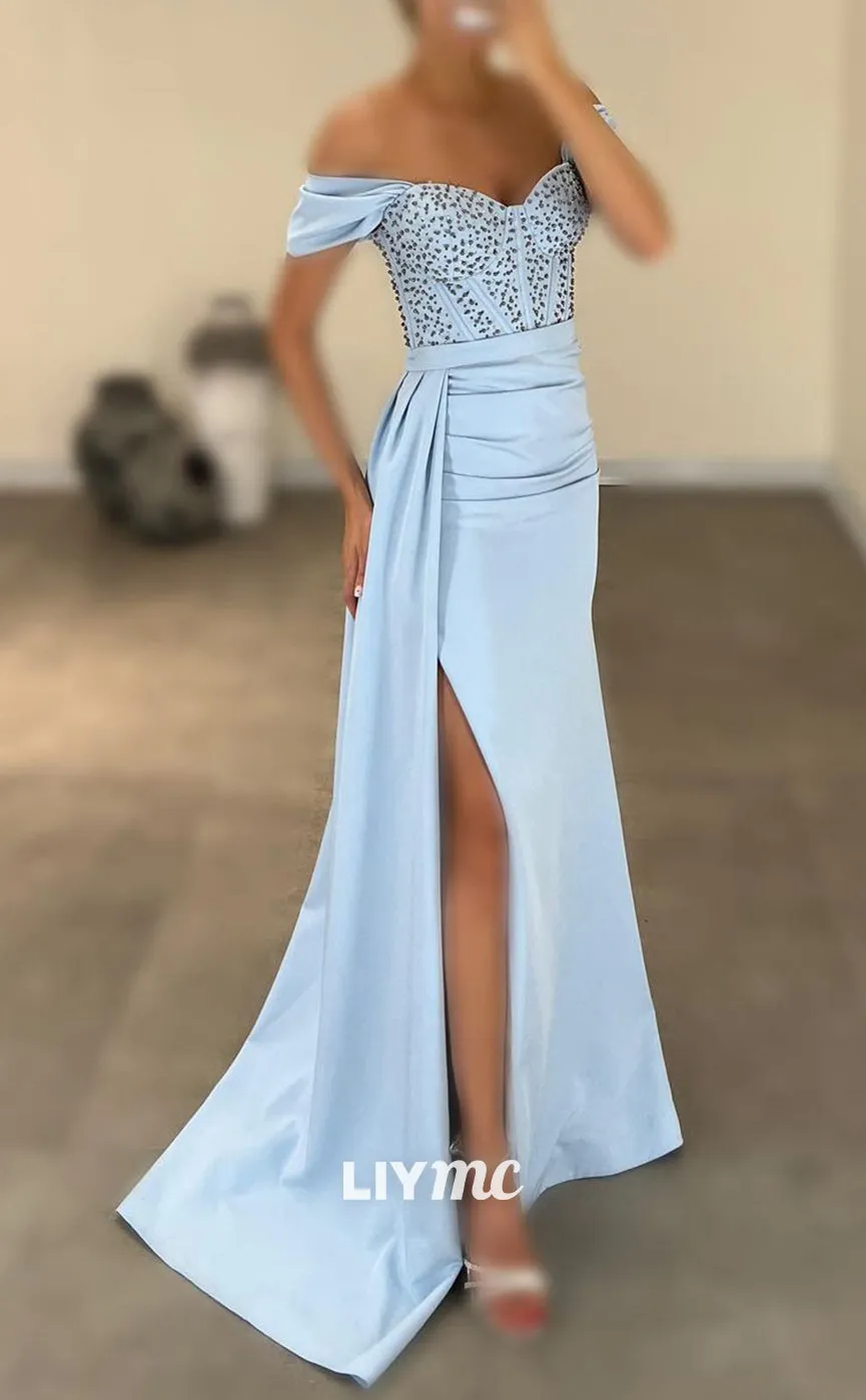 LP1148 - Off Shoulder Beads Satin Pleated Mermaid Formal Evening Dress with Slit