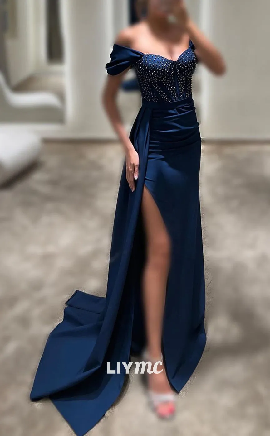 LP1148 - Off Shoulder Beads Satin Pleated Mermaid Formal Evening Dress with Slit