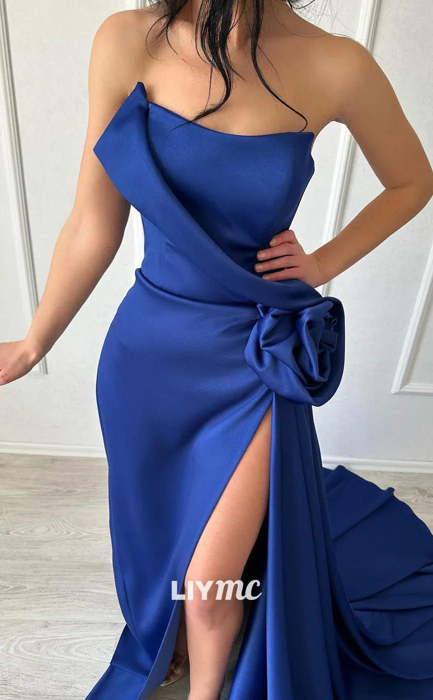 LP1812 - Off-Shoulder Sleeveless Sleek Satin Side Slit Floral Embellished Prom Dress