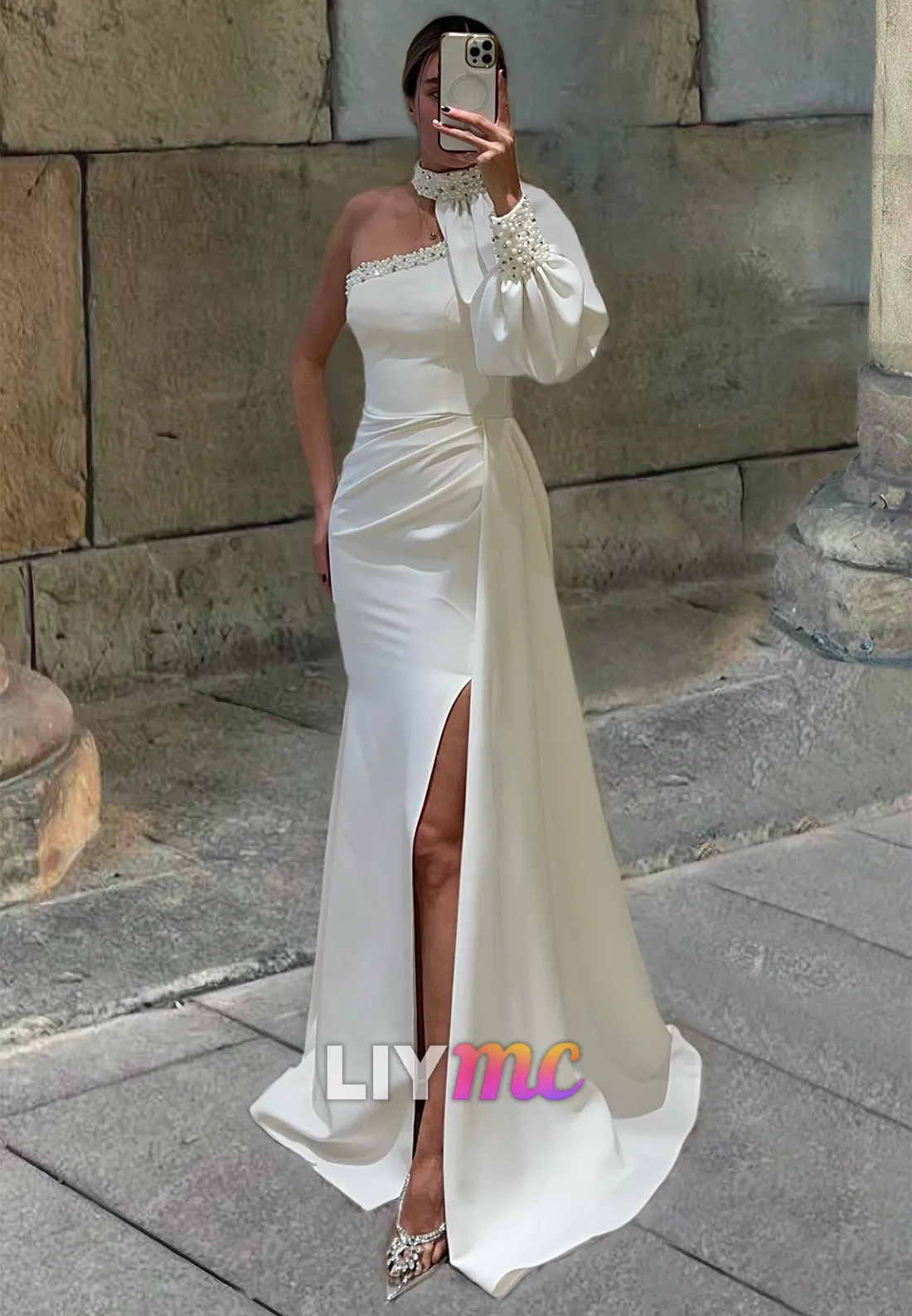 LP1837 - Asymmetrical Beaded Ruched Sleek Satin High Slit Sheath Prom Dress