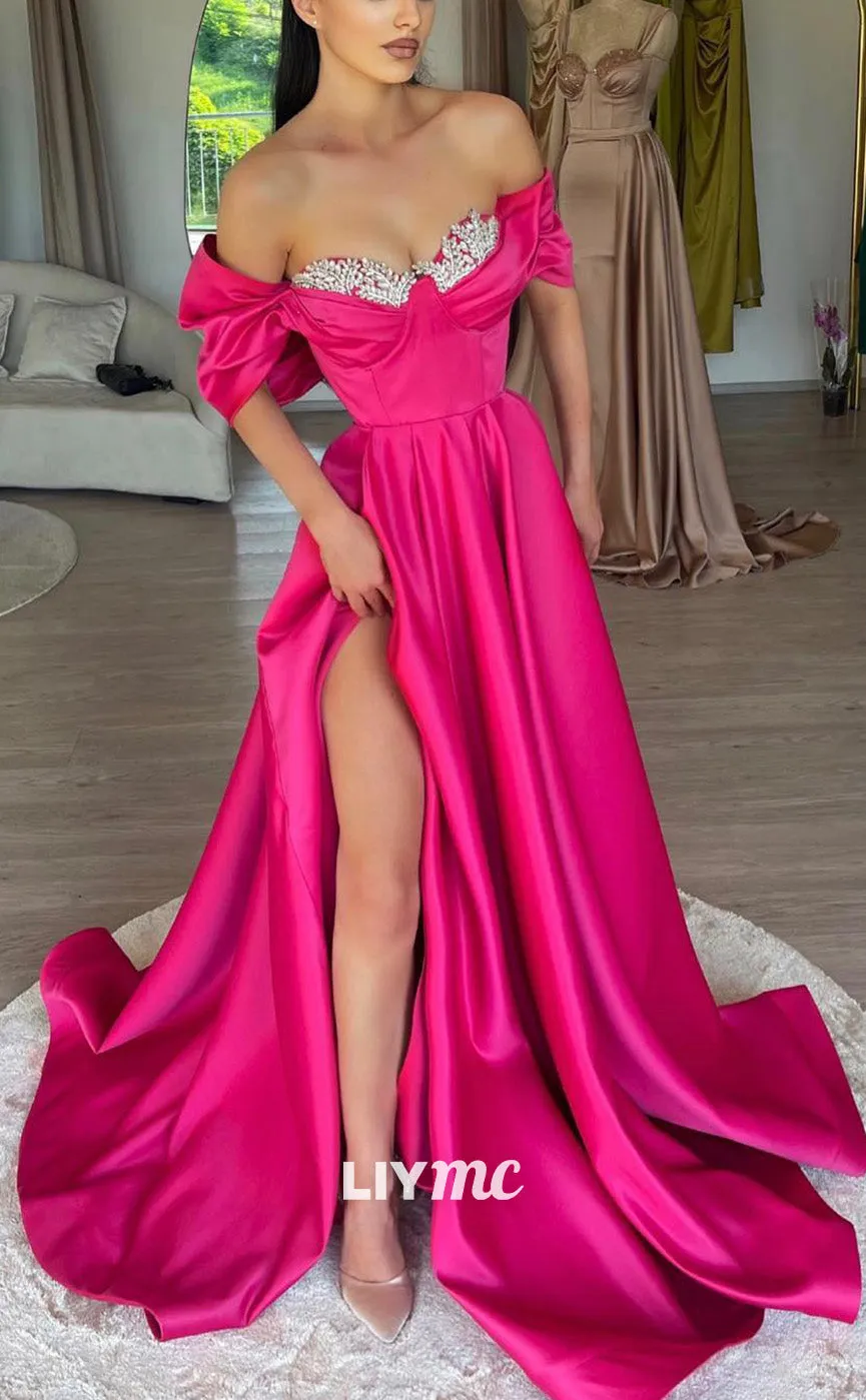 LP2048 - Off-Shoulder Strapless Beaded Pleaded Stin High Slit Prom Dress