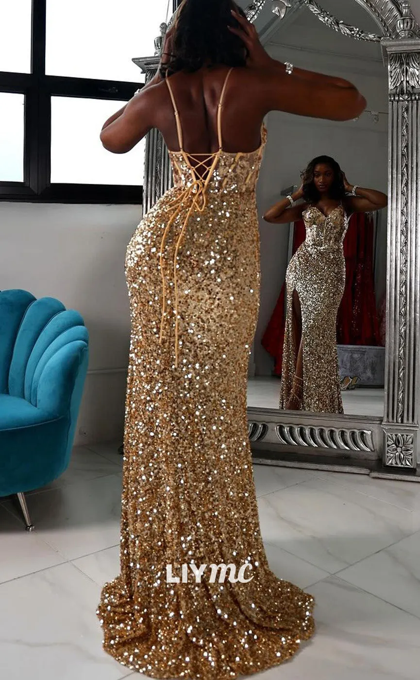 LP2215 - V-Neck Sleeveless Appliques Sequins Sparkly Prom Dress for Black Girls