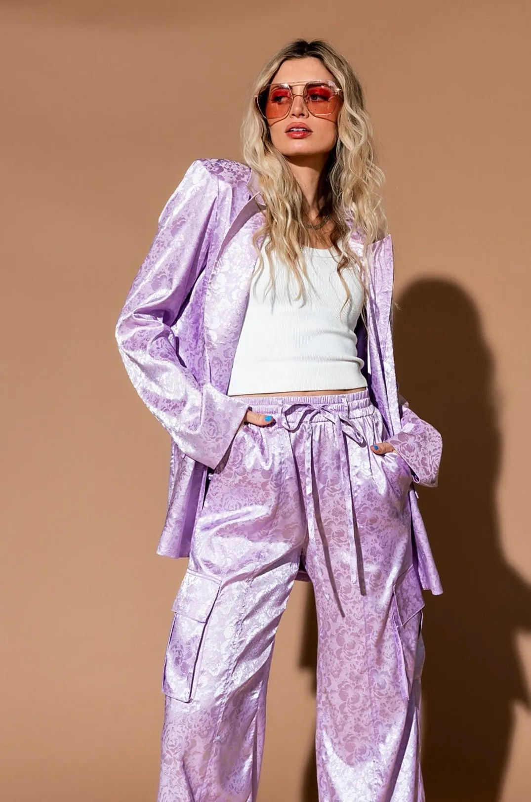 Lucky Girl Jacquard Floral Blazer   Cargo Pants Set in Lavender