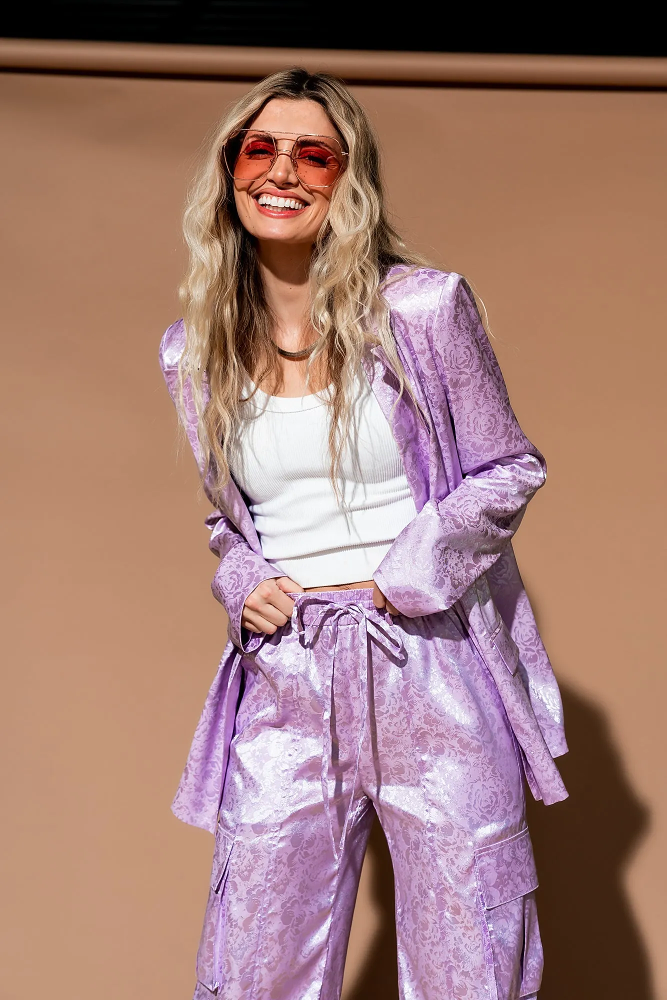 Lucky Girl Jacquard Floral Blazer   Cargo Pants Set in Lavender