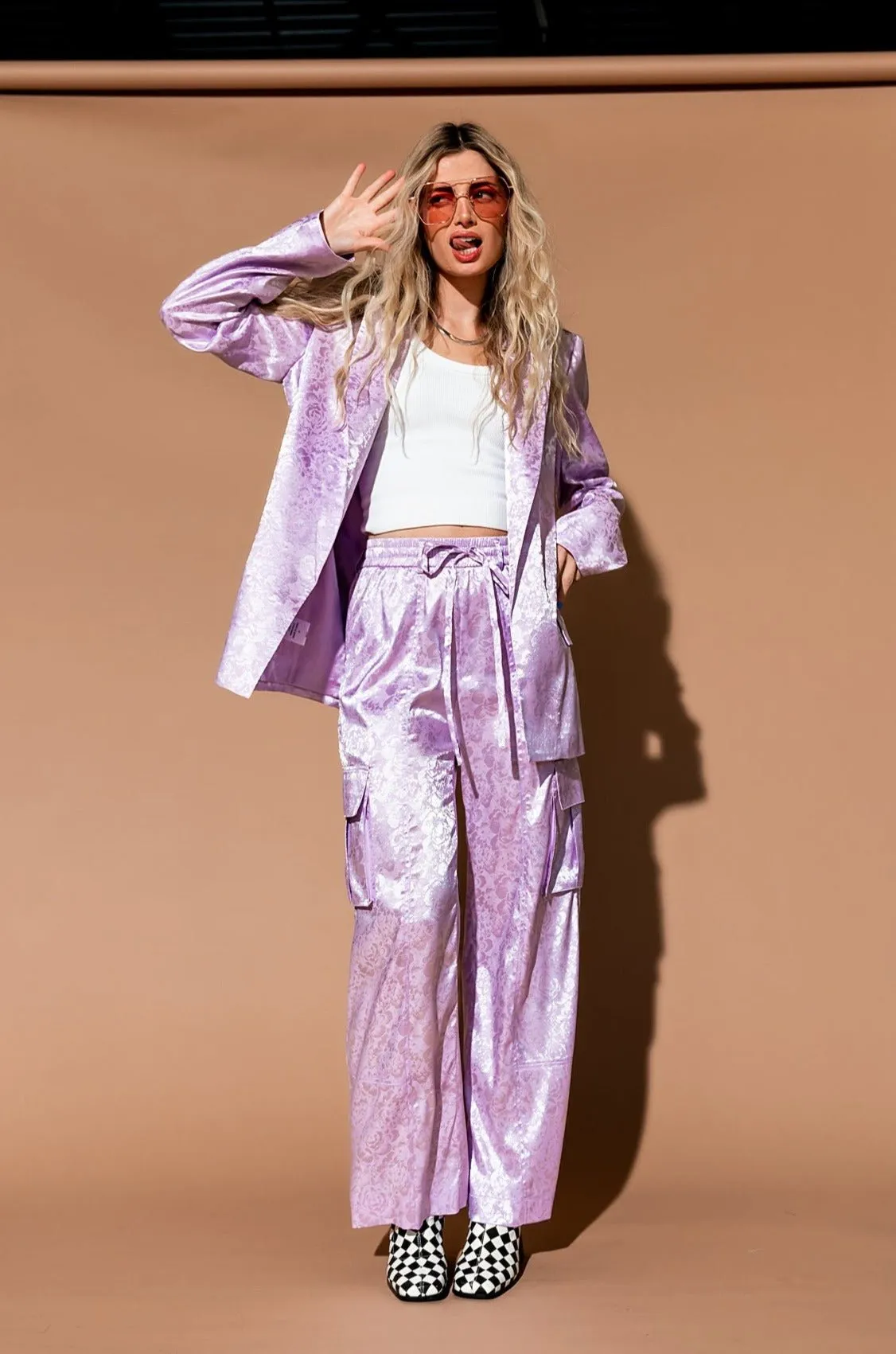 Lucky Girl Jacquard Floral Blazer   Cargo Pants Set in Lavender