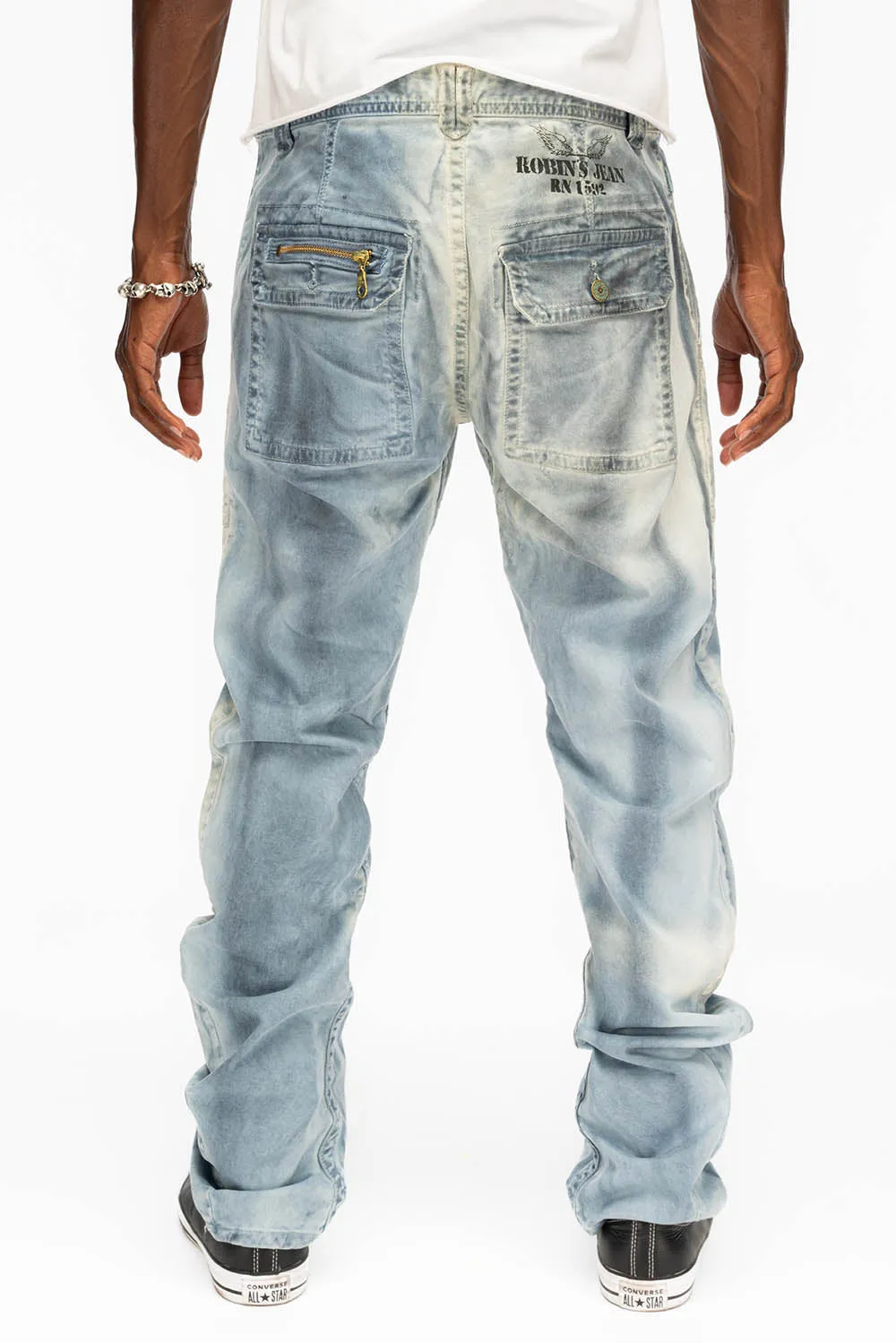 MENS CARGO ZIPPER PANTS IN LIGHT BLUE WASH