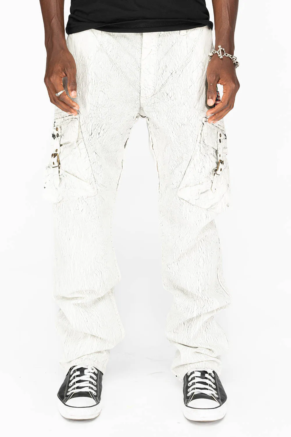 MENS MILITARY STYLE CARGO PANTS IN CRACKLE WHITE DYE WITH PATCH