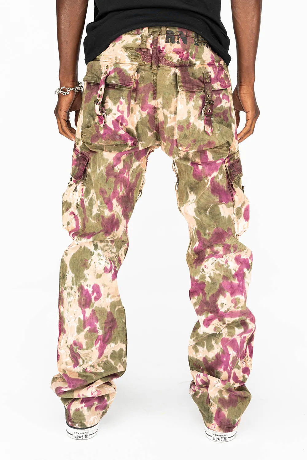 MENS MILITARY STYLE CARGO PANTS IN PAINT BURGUNDY DYE