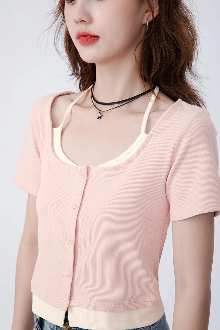 Mock Two-Piece Short Sleeve Top