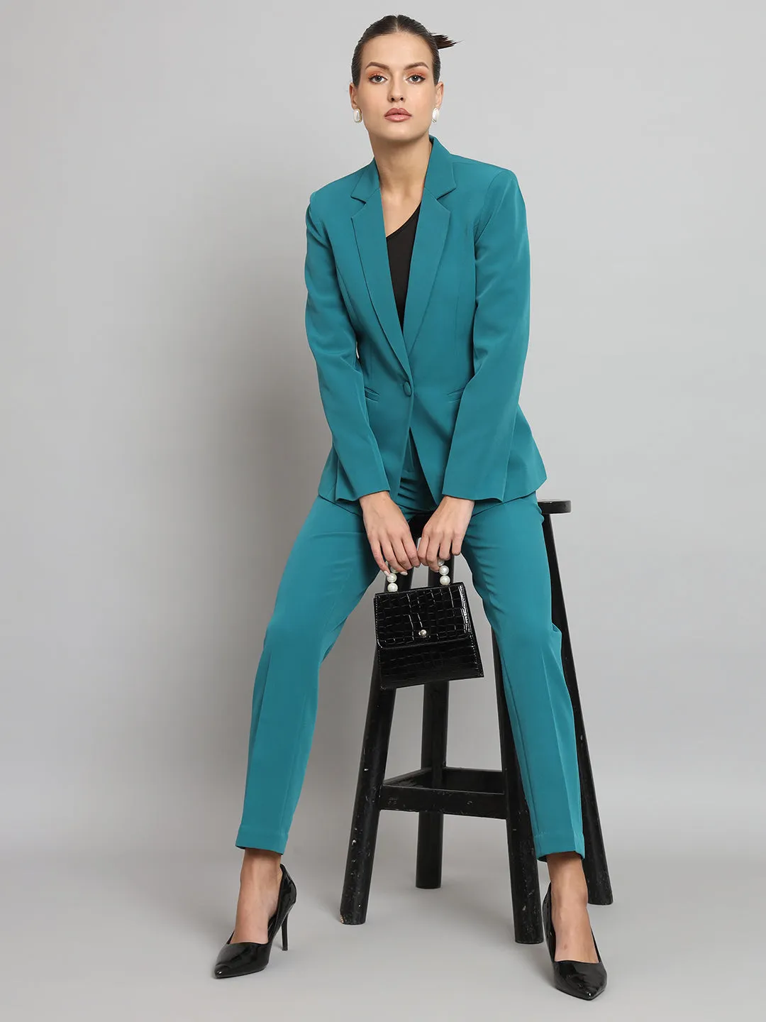 Notch Collar Stretch Pant Suit- Teal Green