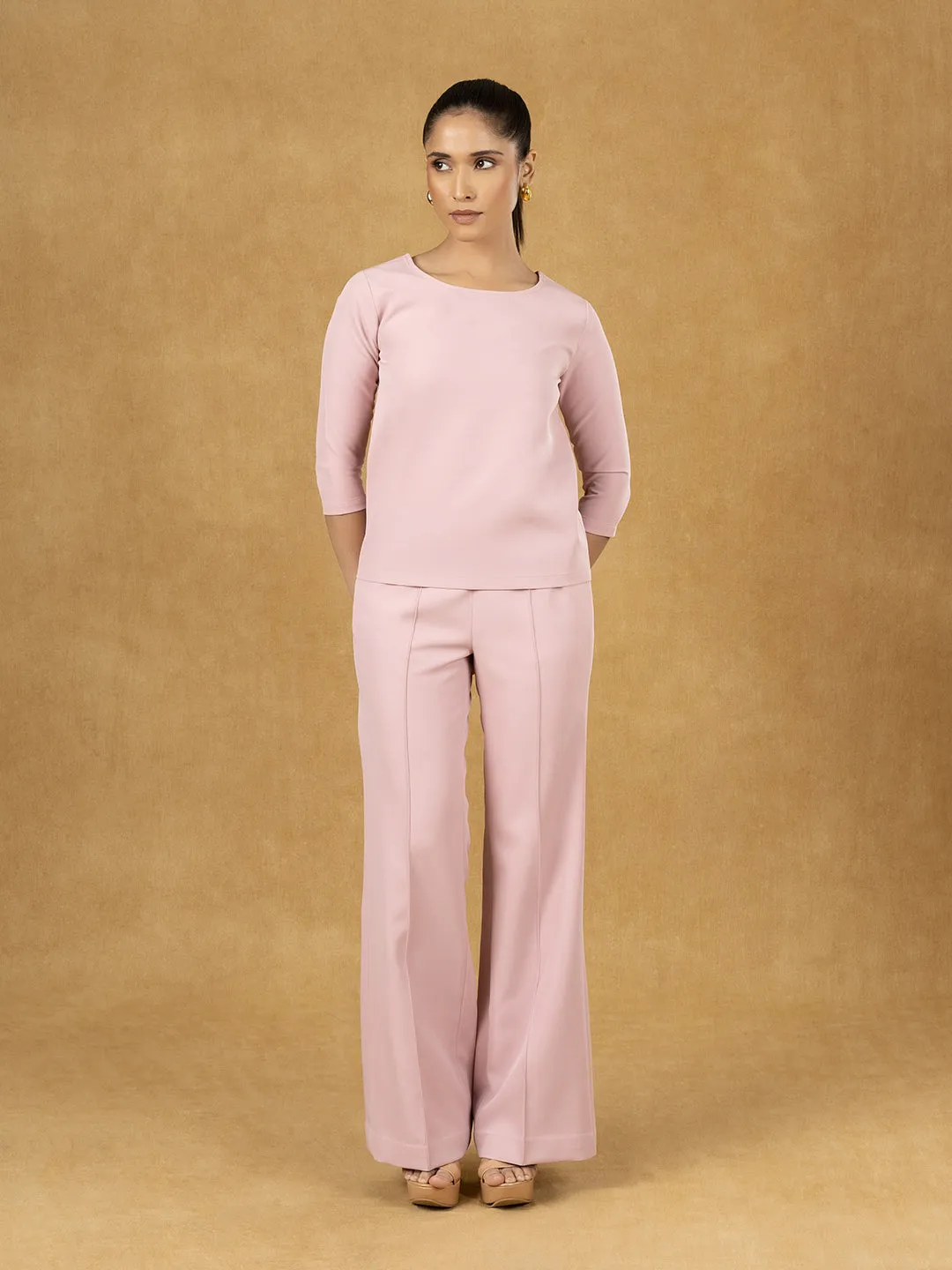 Pink Solid Boxy Top with Pullover Wide Leg Trousers