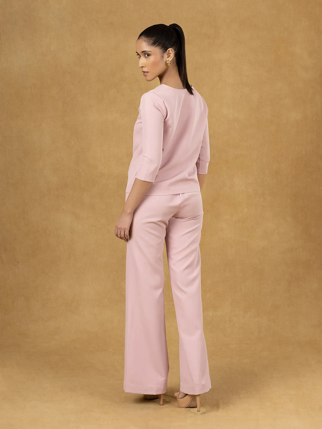 Pink Solid Boxy Top with Pullover Wide Leg Trousers