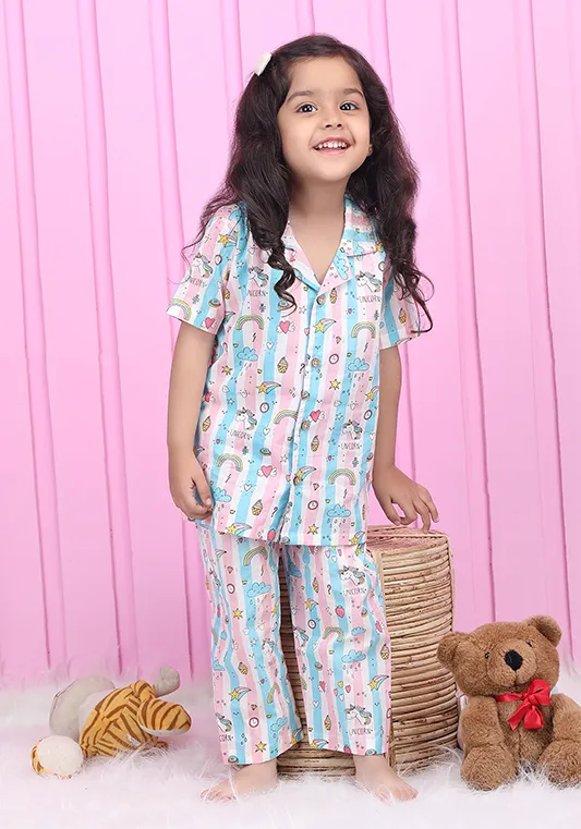 Polka tots Half Sleeve Unicorn print stripes Night Suit - Multicolor