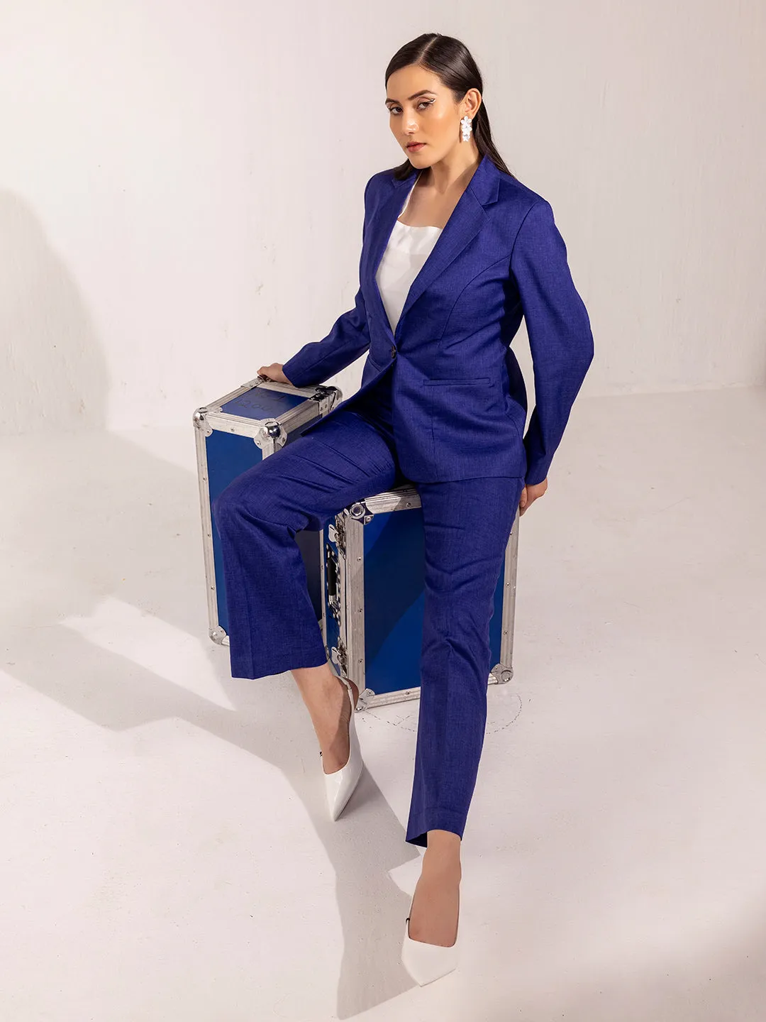 Poly Cotton Notched Lapel Pant Suit - Royal Blue