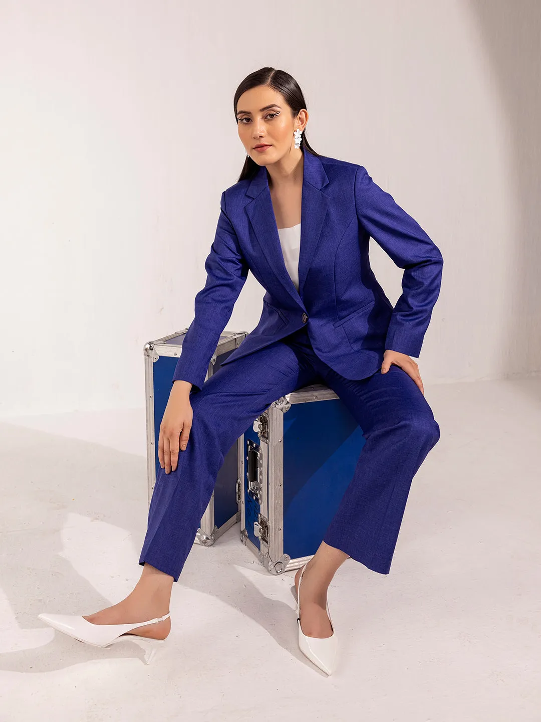 Poly Cotton Notched Lapel Pant Suit - Royal Blue