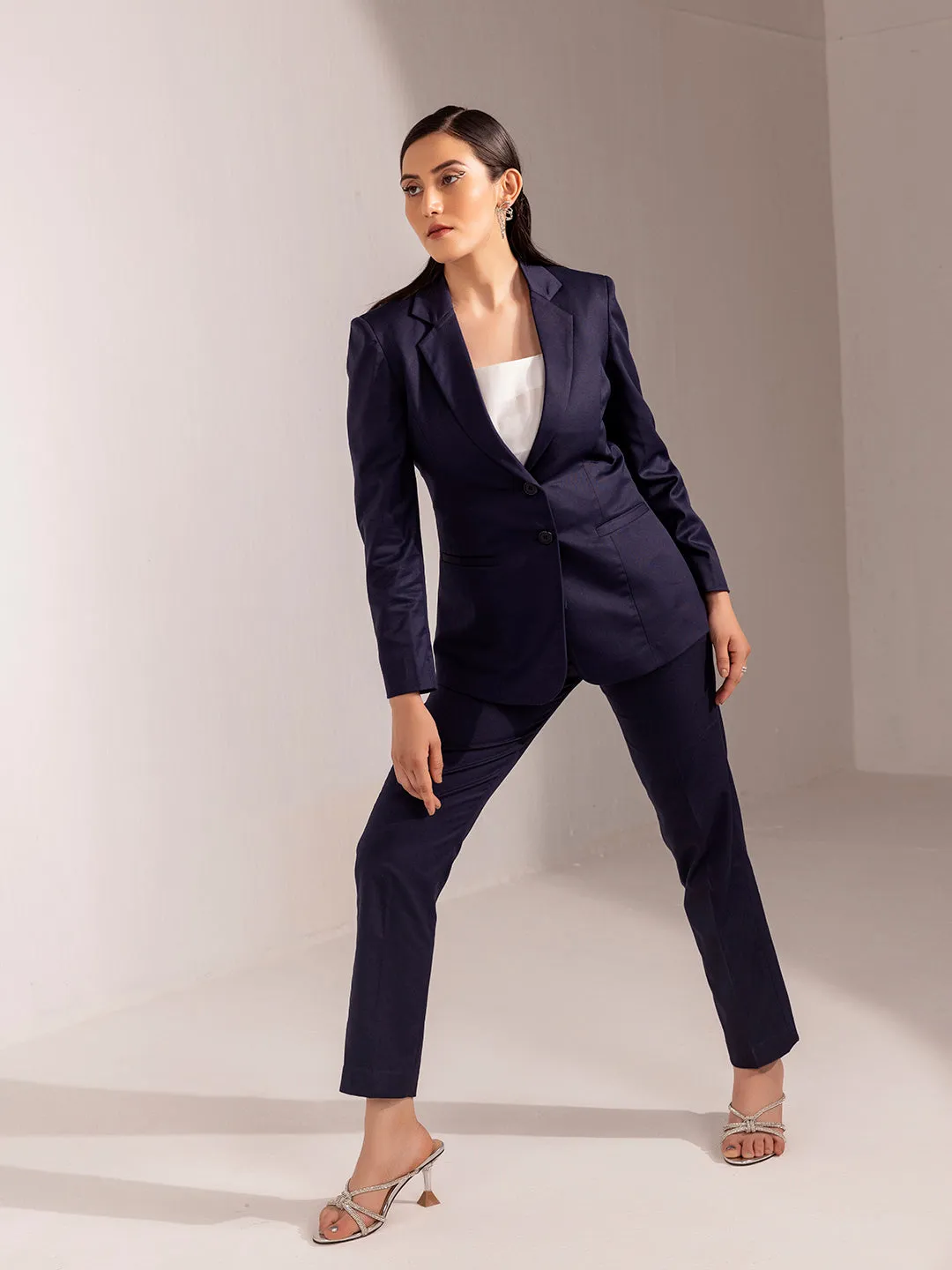 Poly Cotton Pant Suit - Navy Blue