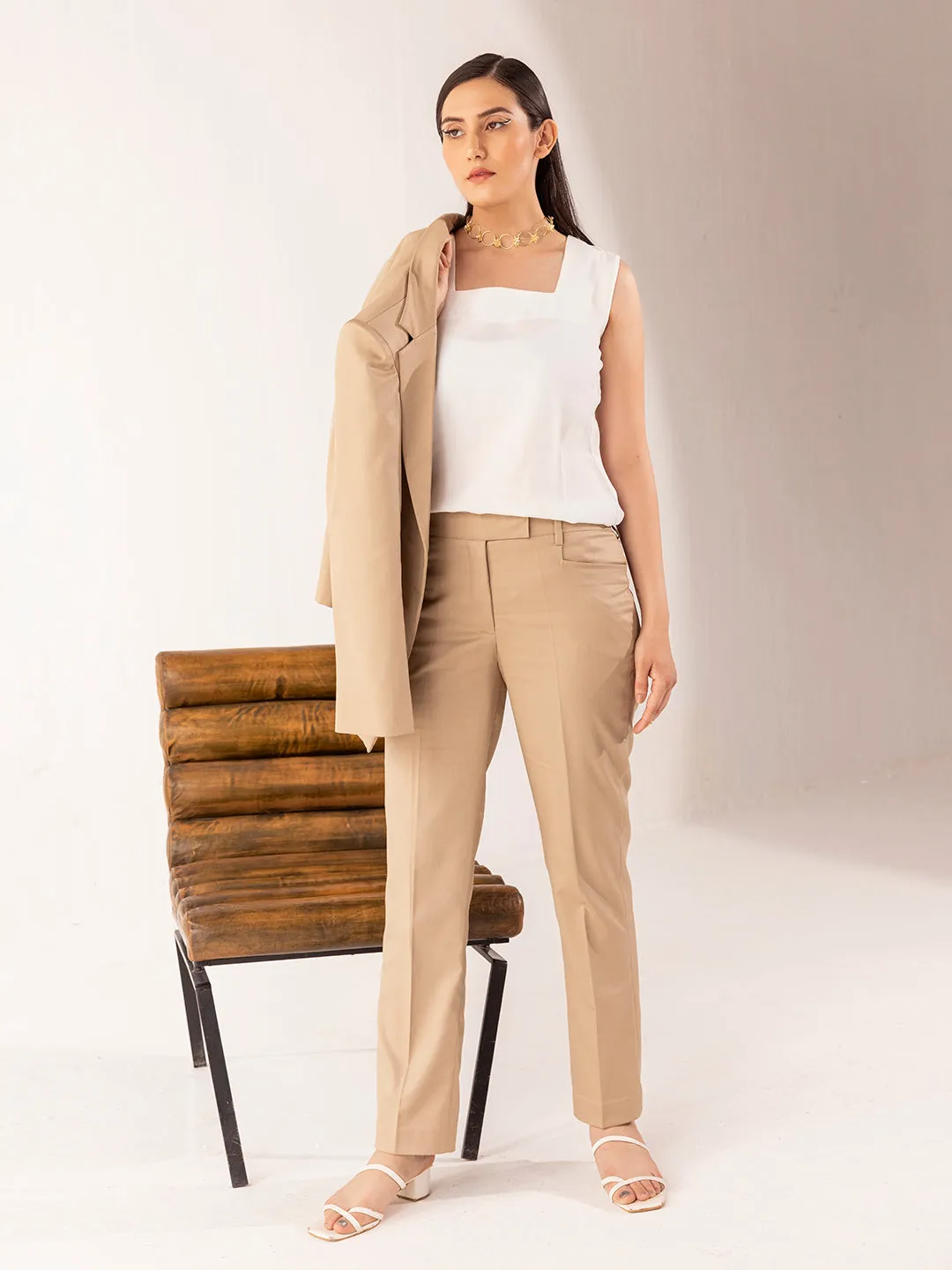 Poly Viscose Pant Suit - Beige