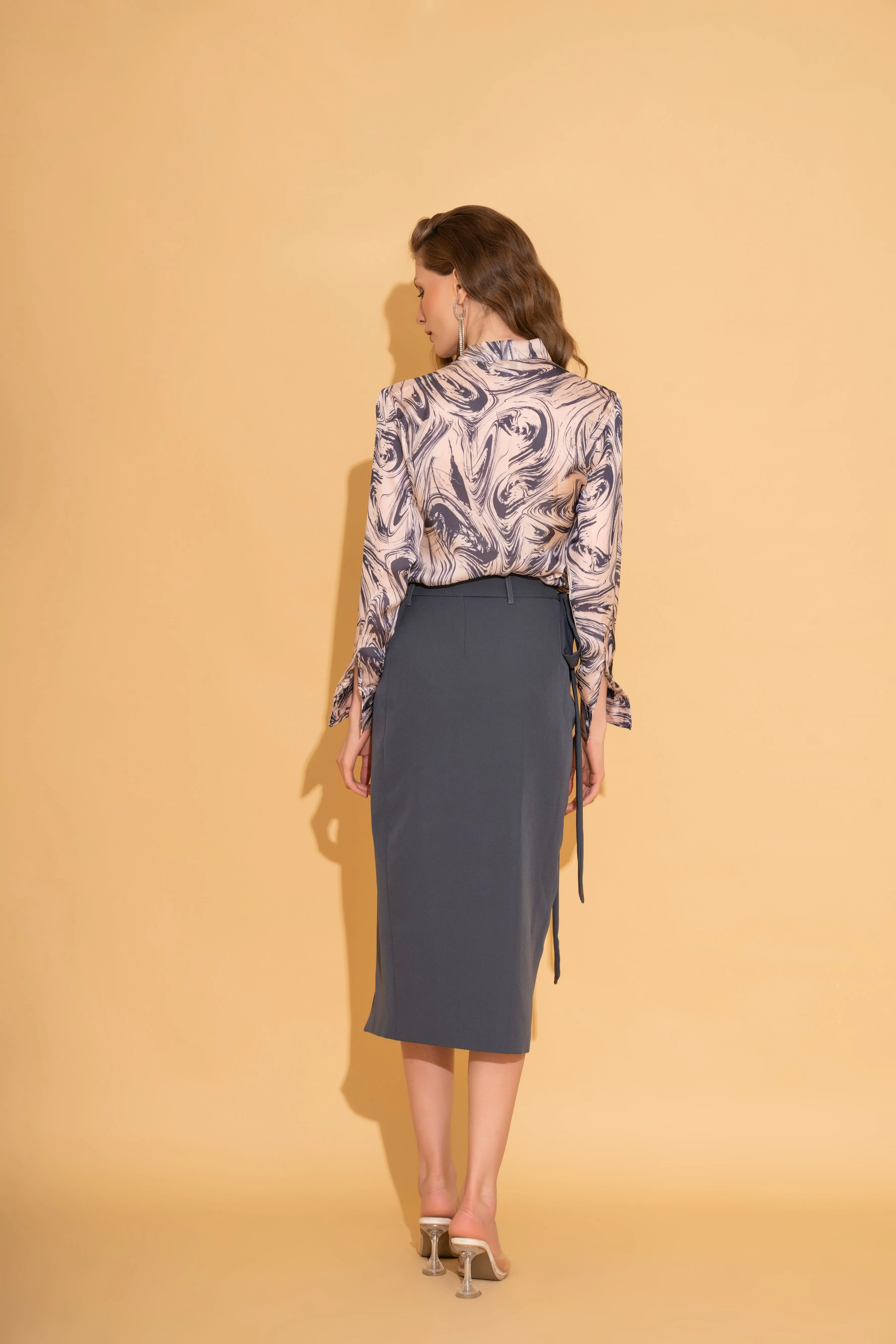 Printed Neck Tie Shirt and Blue Overlap Skirt Co-ord Set