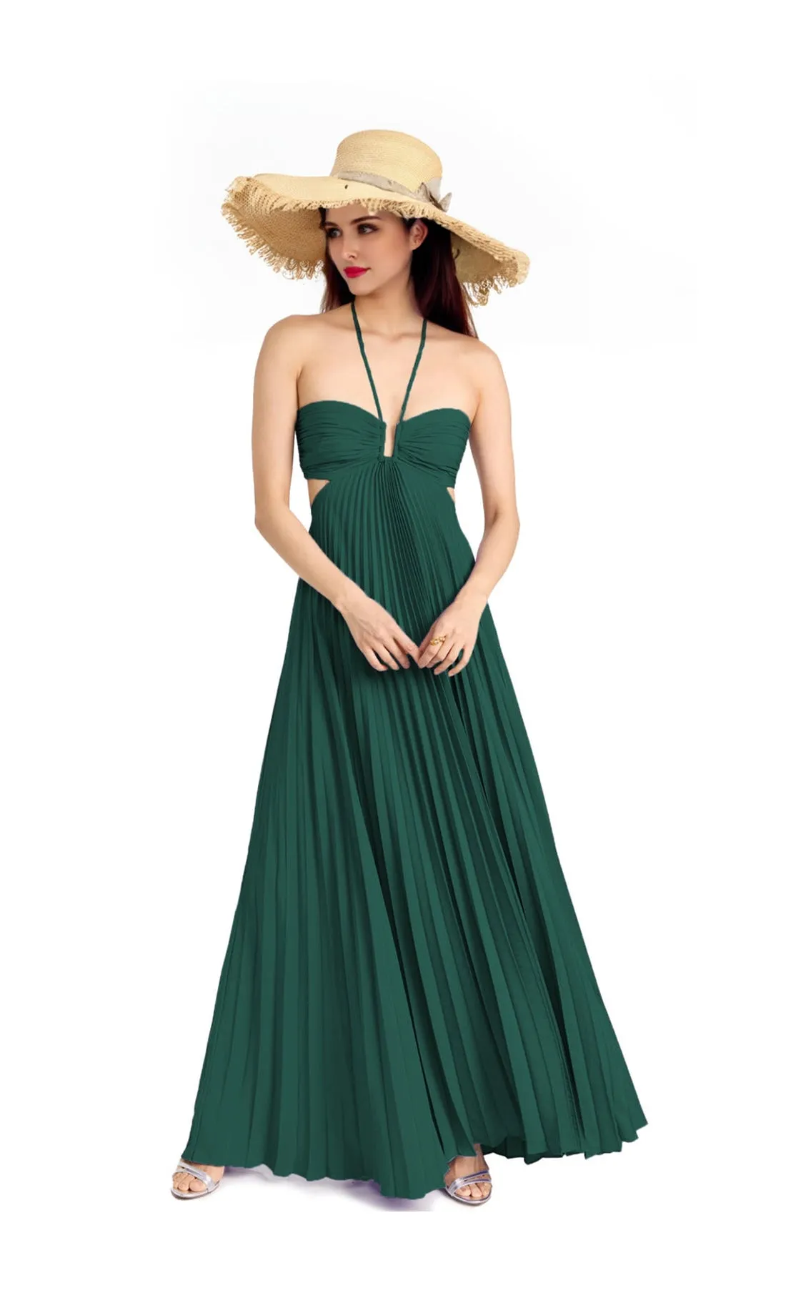 【Quinnbie】"Elegance in Pleats: Dark Green Off-the-shoulder Pleated Drawstring Dress."