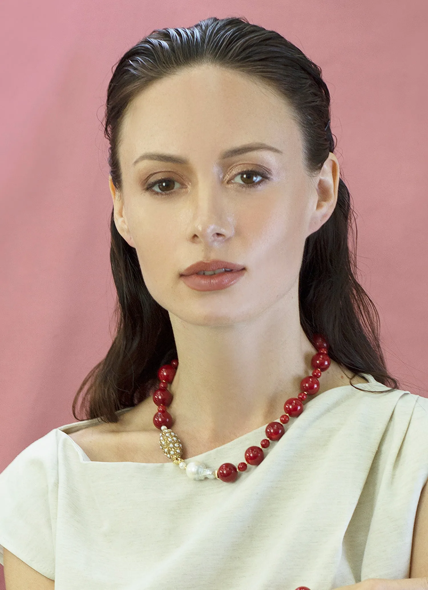 Red Bamboo Corals With Baroque Pearls Statement Necklace CN007