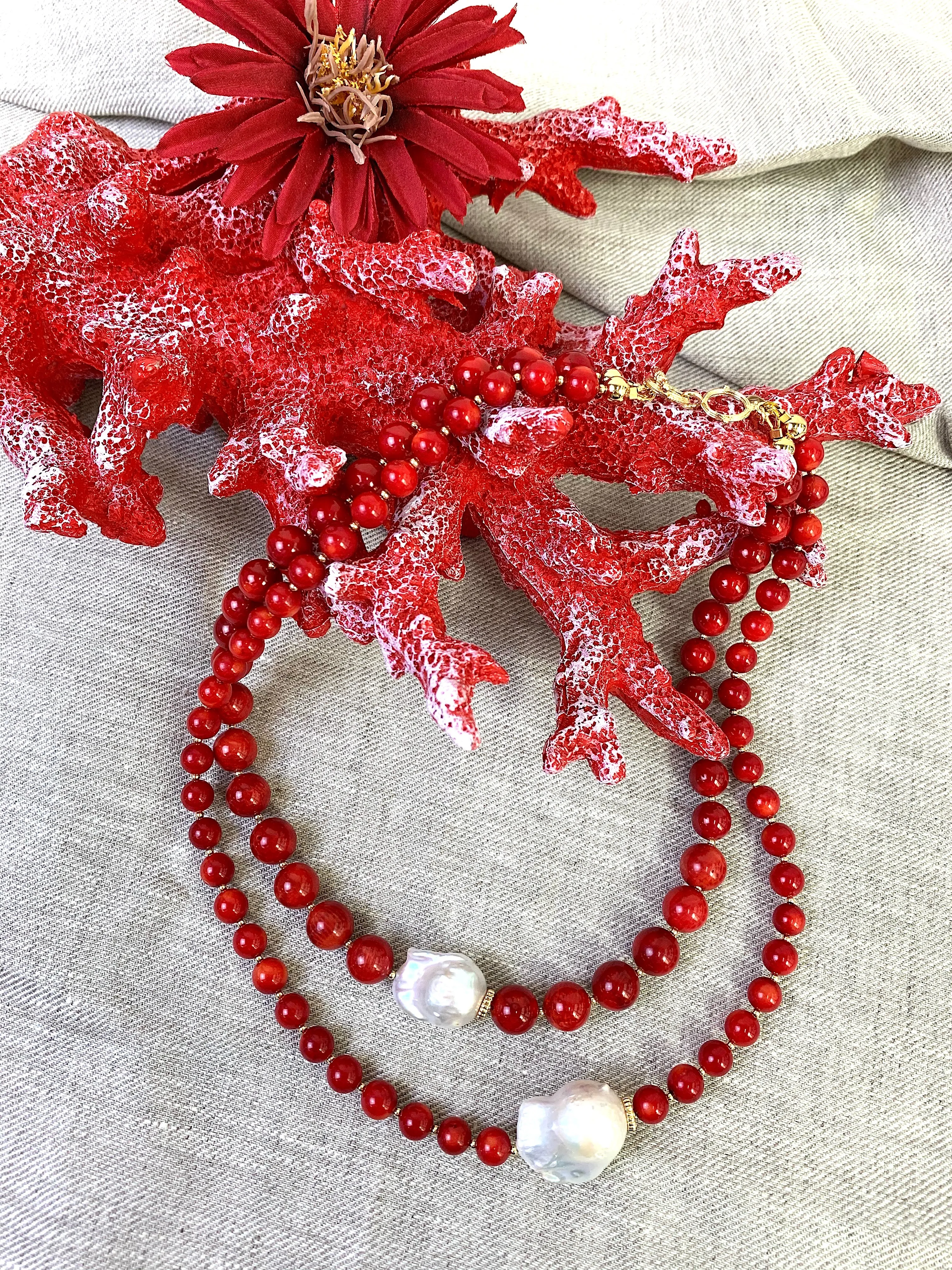 Red Coral With Baroque Pearls Double Strands Necklace EN036