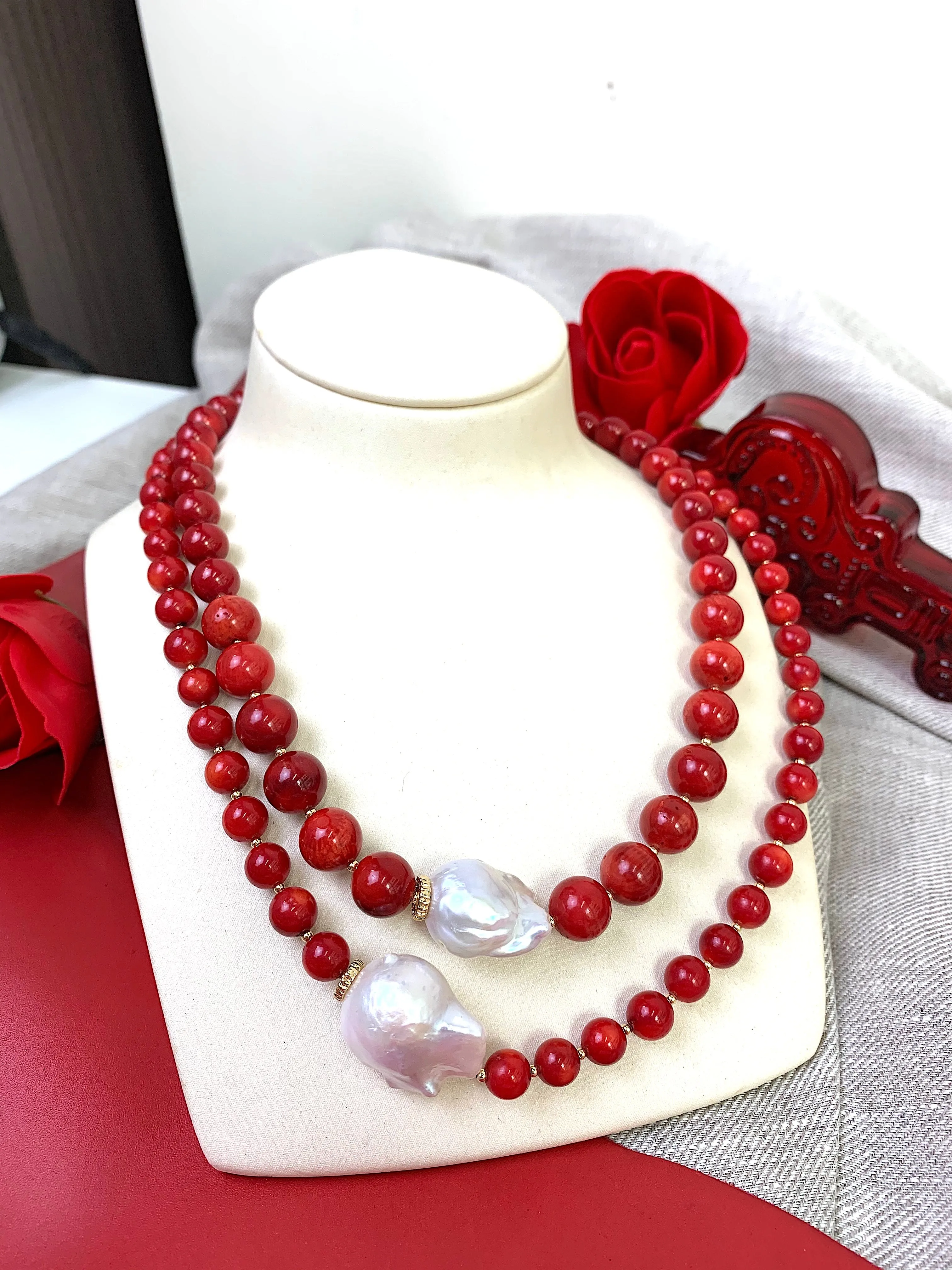 Red Coral With Baroque Pearls Double Strands Necklace EN036