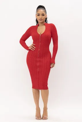 Rhinestone Zip Up Midi Dress