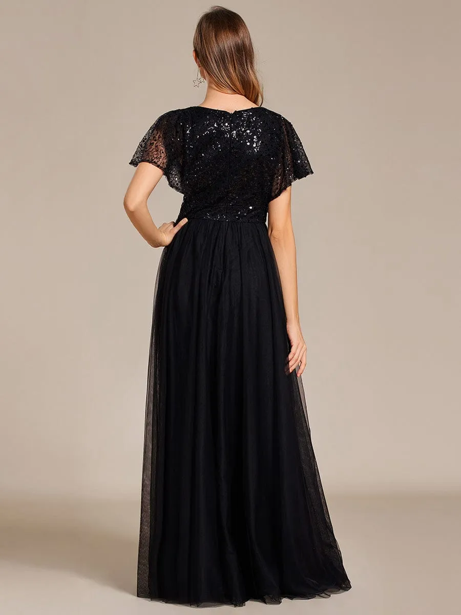 Sparkly Sequin A-Line V-Neck Tulle Formal Evening Dress