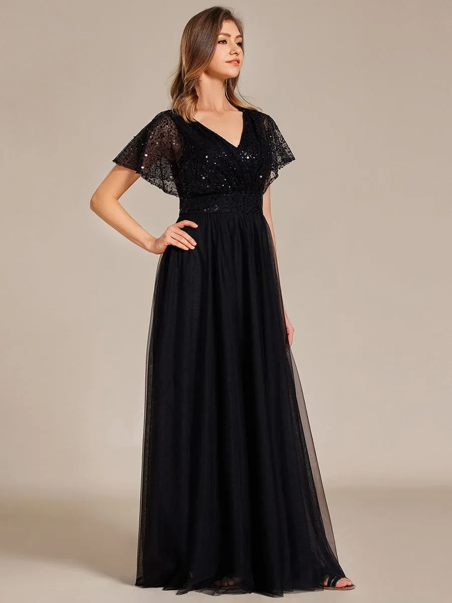 Sparkly Sequin A-Line V-Neck Tulle Formal Evening Dress