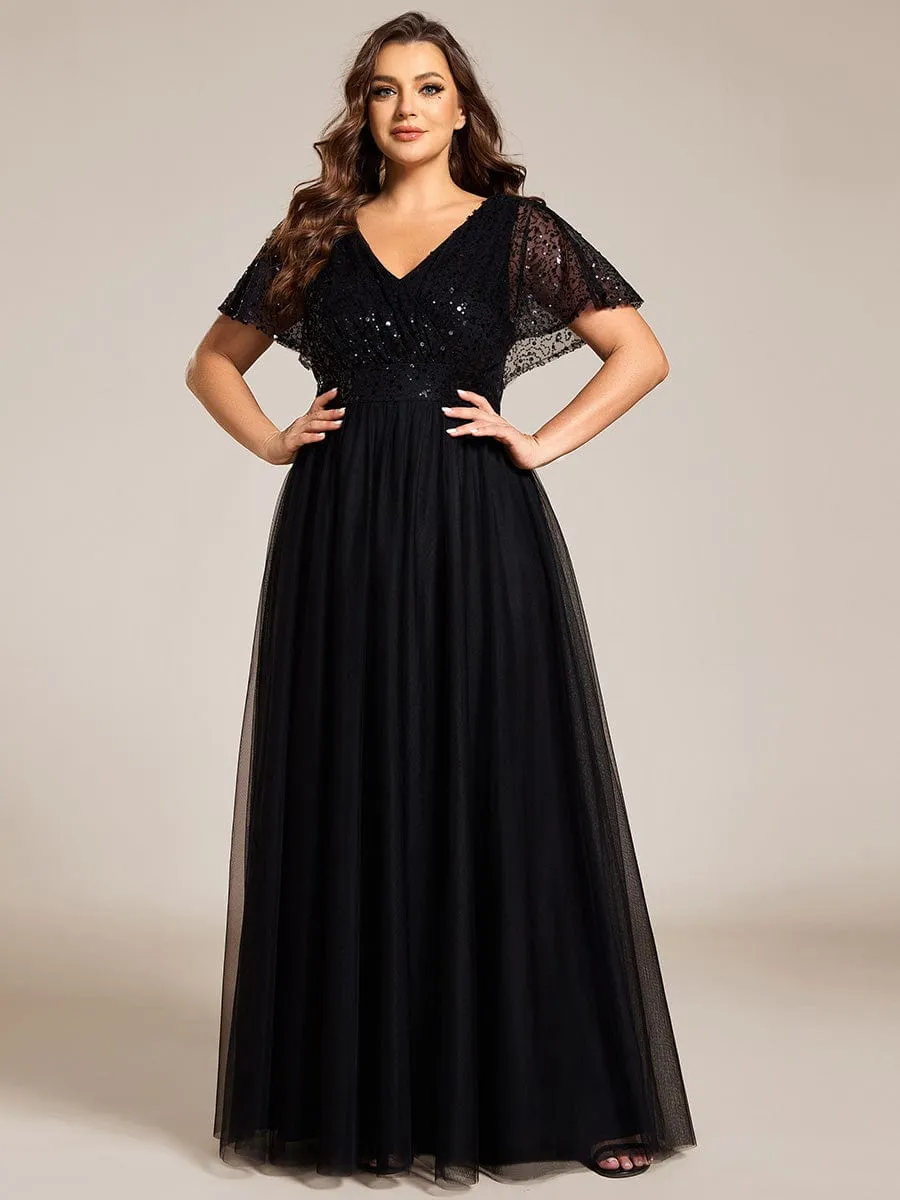 Sparkly Sequin A-Line V-Neck Tulle Formal Evening Dress