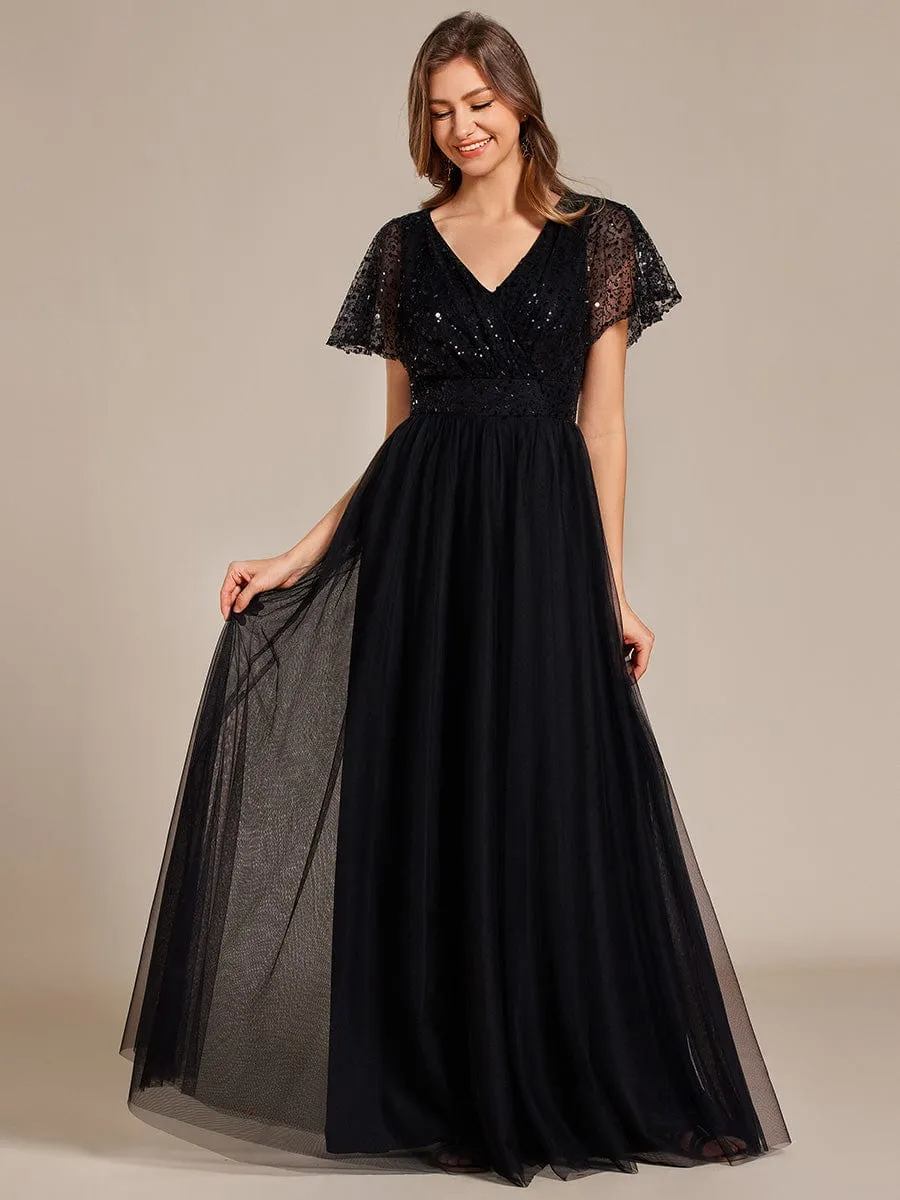 Sparkly Sequin A-Line V-Neck Tulle Formal Evening Dress