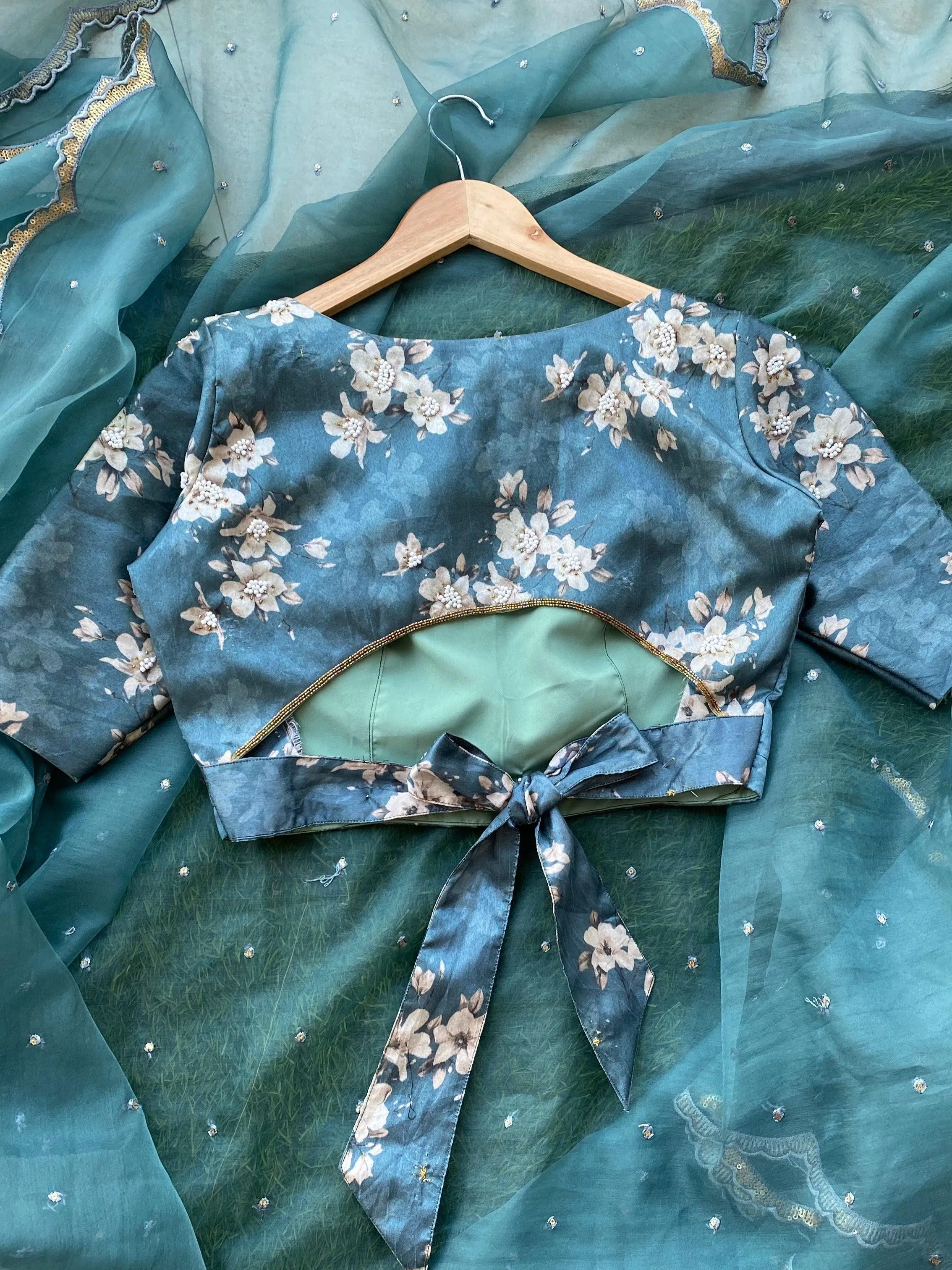 Teal Blue silk hand made  designer blouse