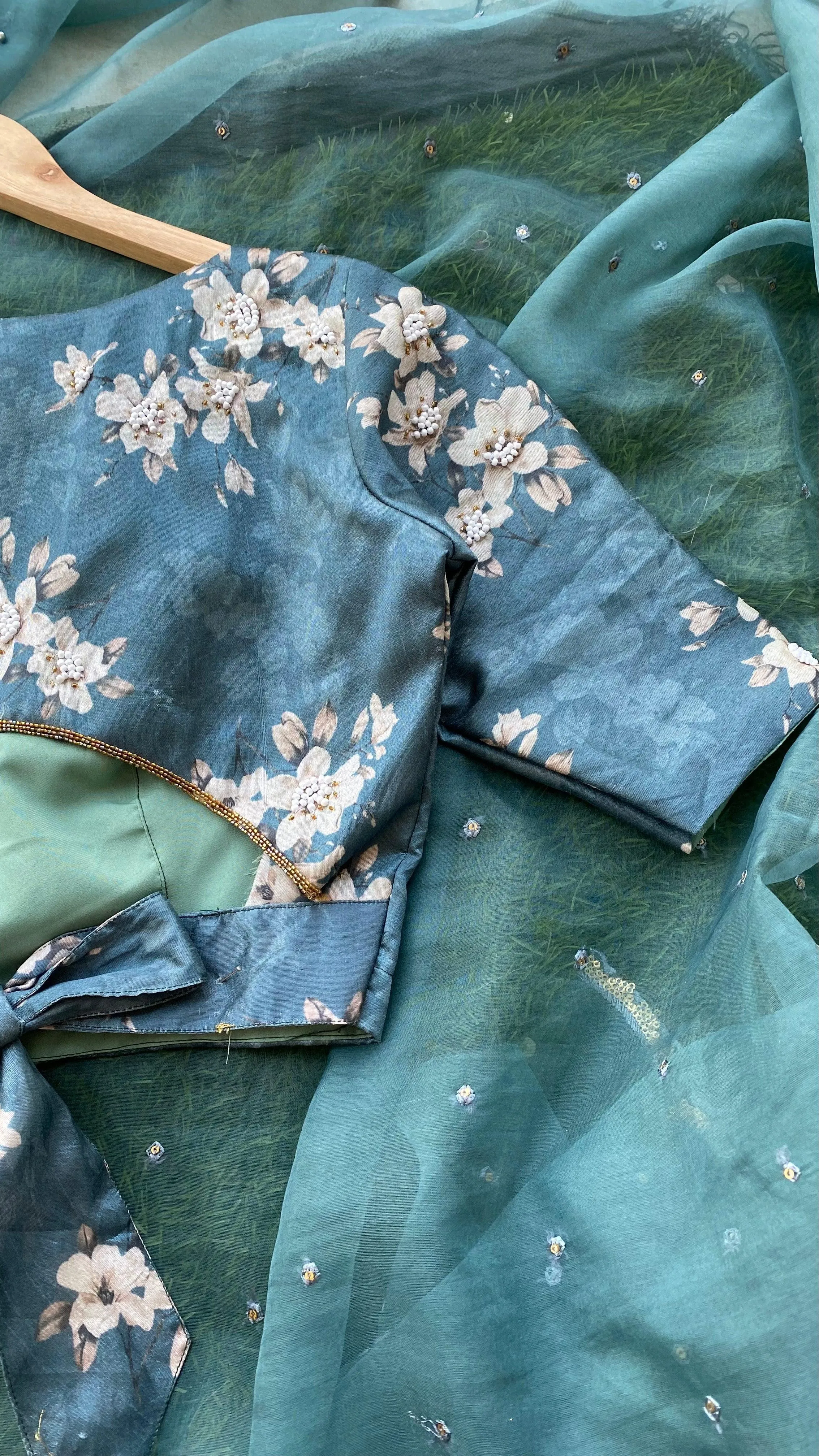 Teal Blue silk hand made  designer blouse