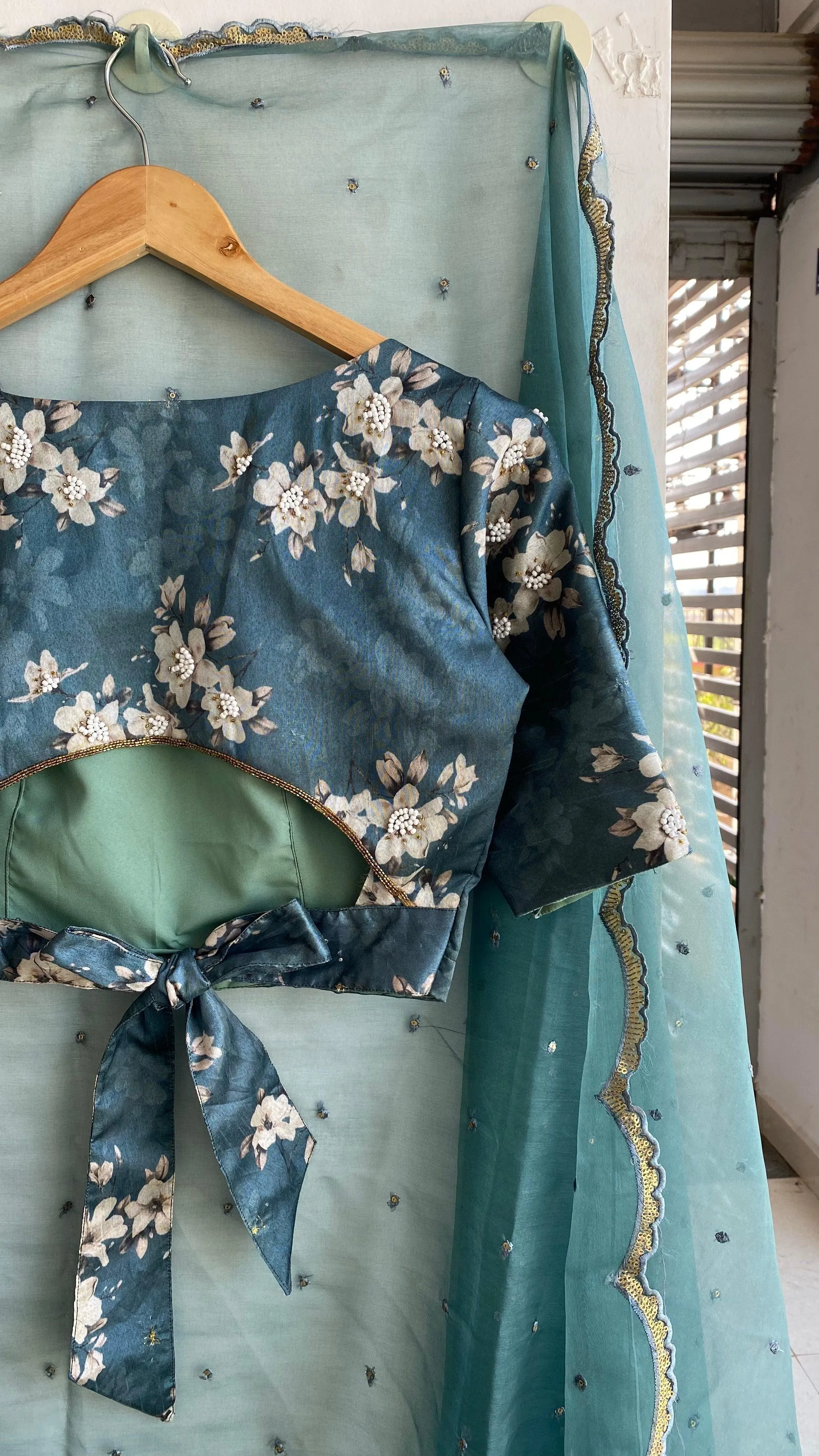 Teal Blue silk hand made  designer blouse