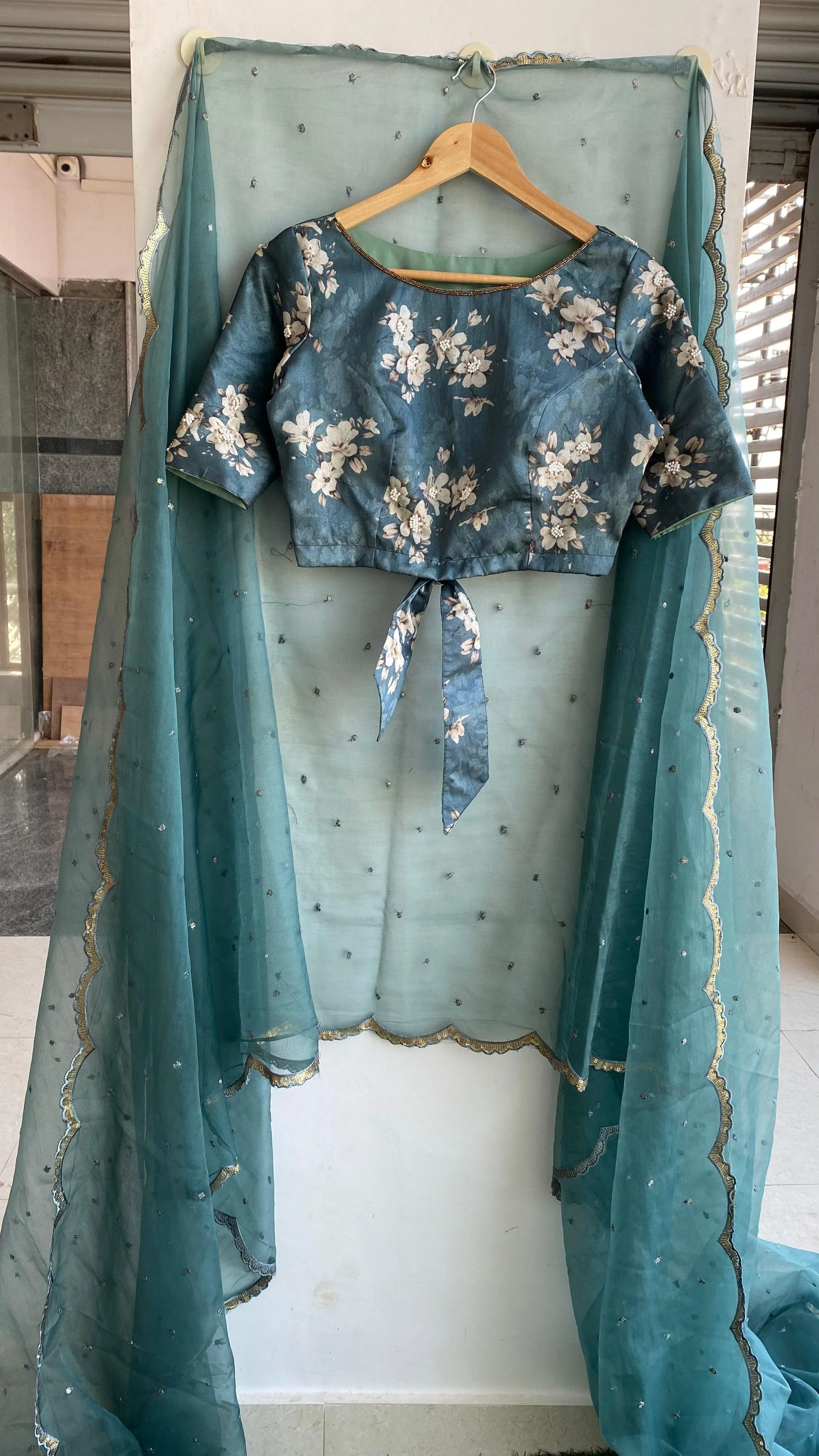 Teal Blue silk hand made  designer blouse