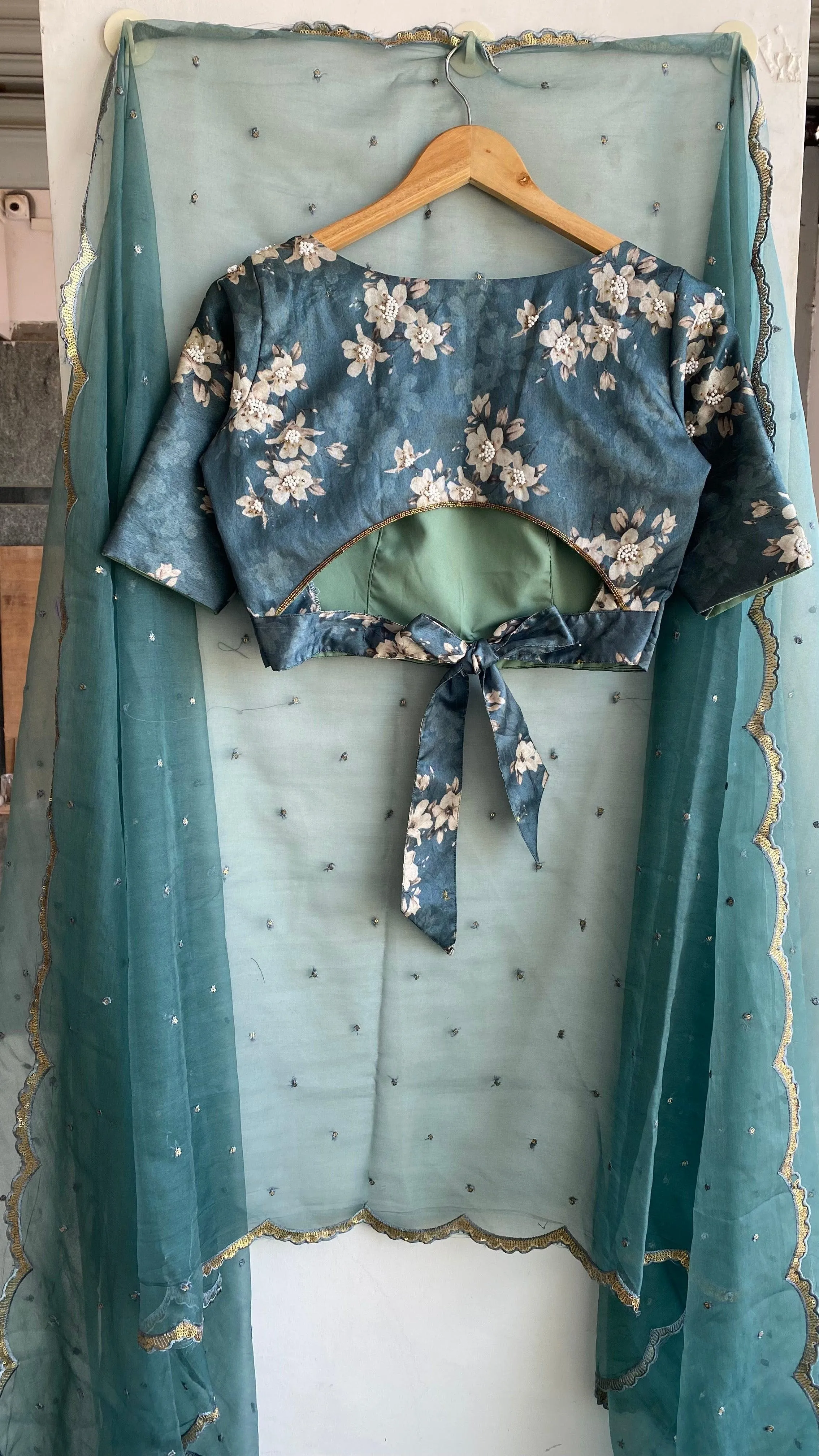 Teal Blue silk hand made  designer blouse