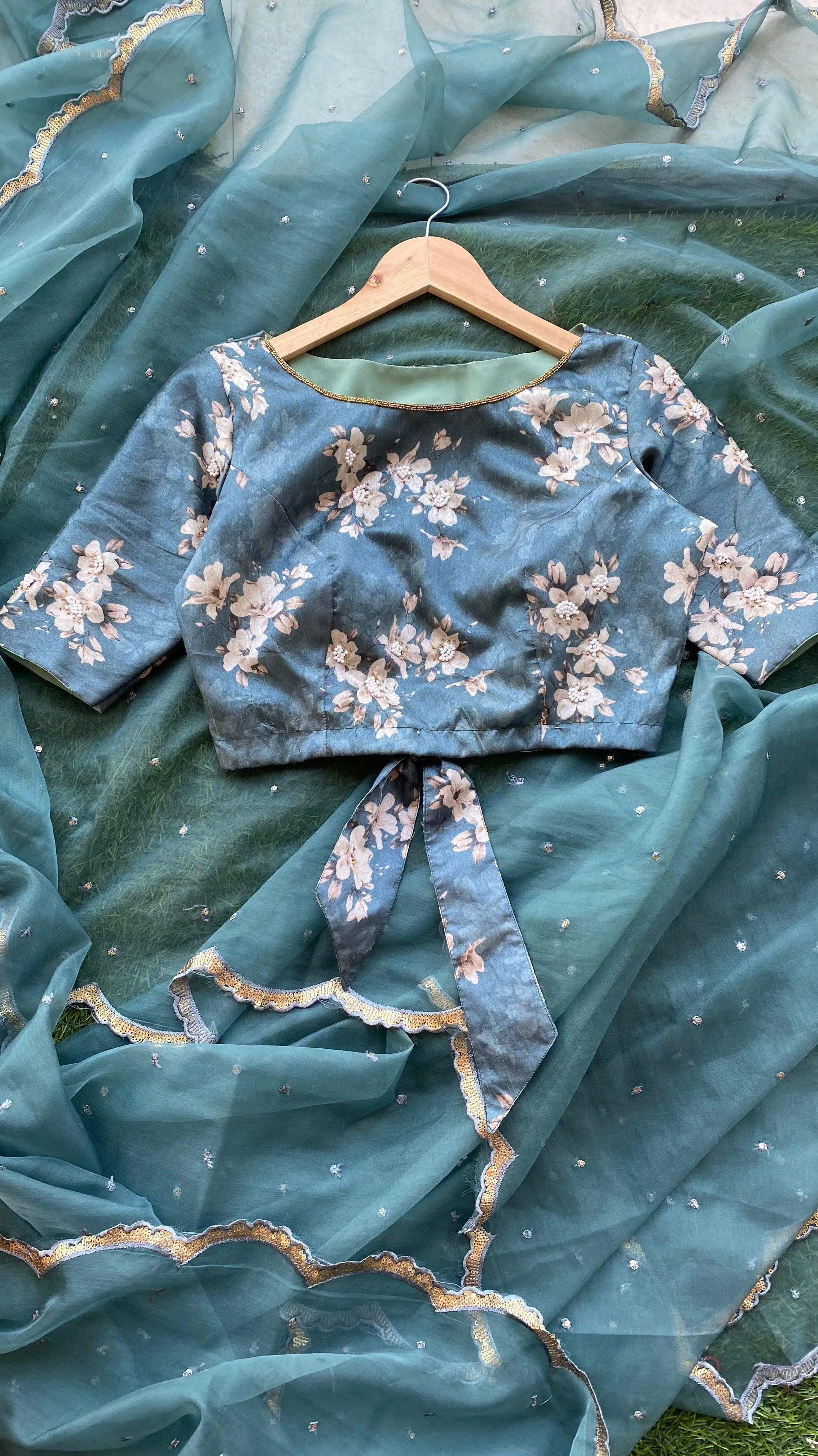 Teal Blue silk hand made  designer blouse