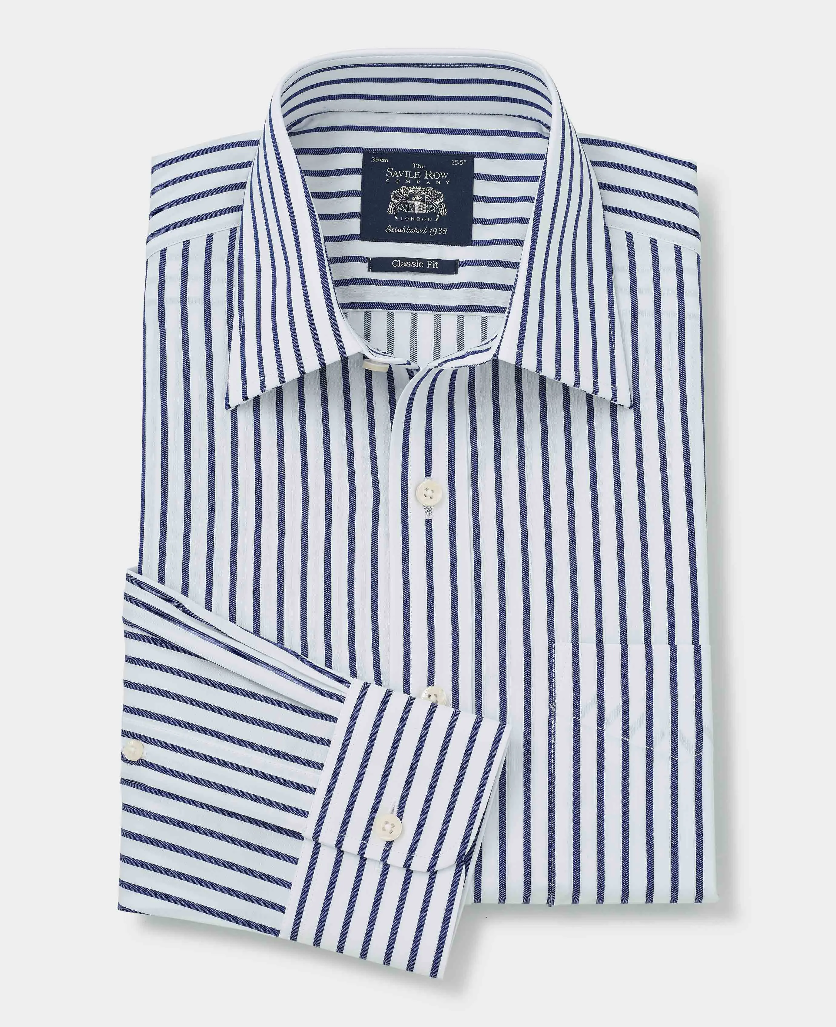 White Navy Stripe Classic Fit Shirt - Single Cuff