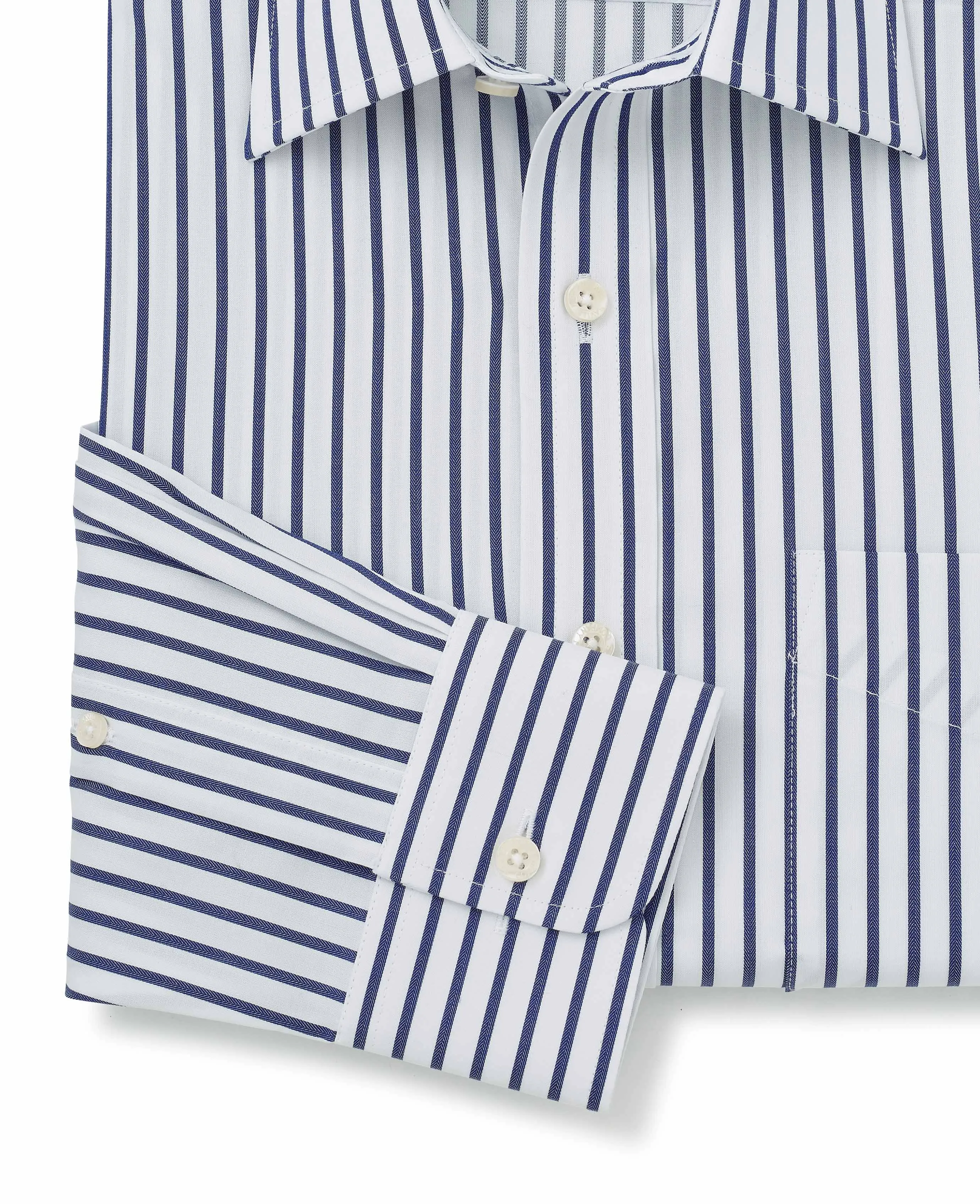 White Navy Stripe Classic Fit Shirt - Single Cuff