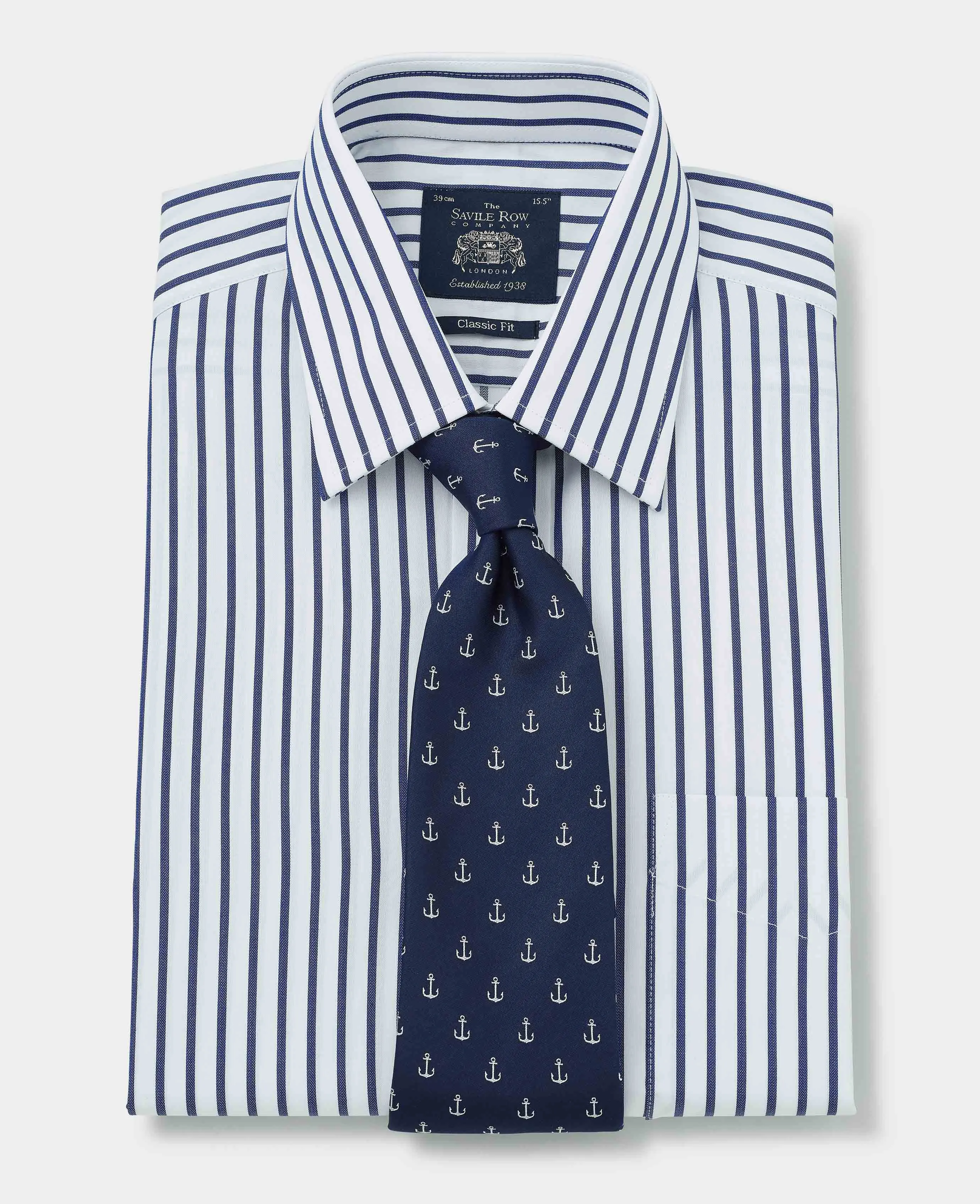 White Navy Stripe Classic Fit Shirt - Single Cuff